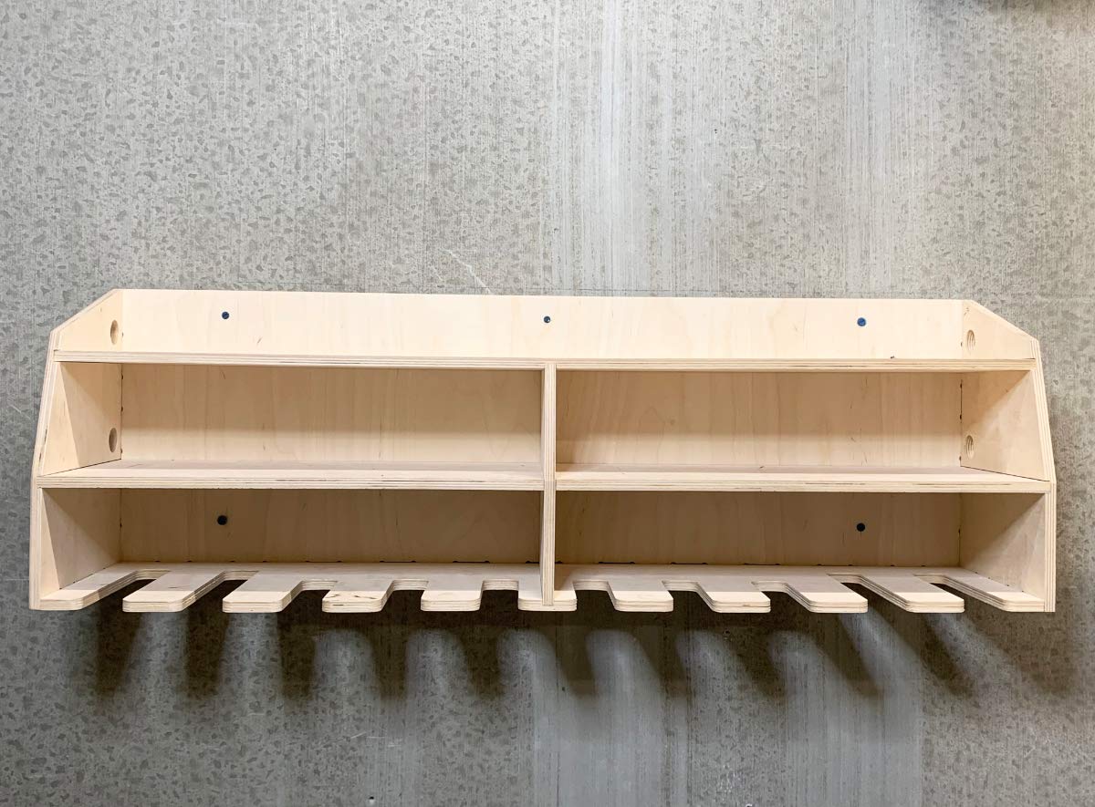 10-Slot Cordless Drill Tool Holder Organizer - Birch Plywood Storage Rack & Wall Mount Shelf for Workshop, Garage, and DIY Projects