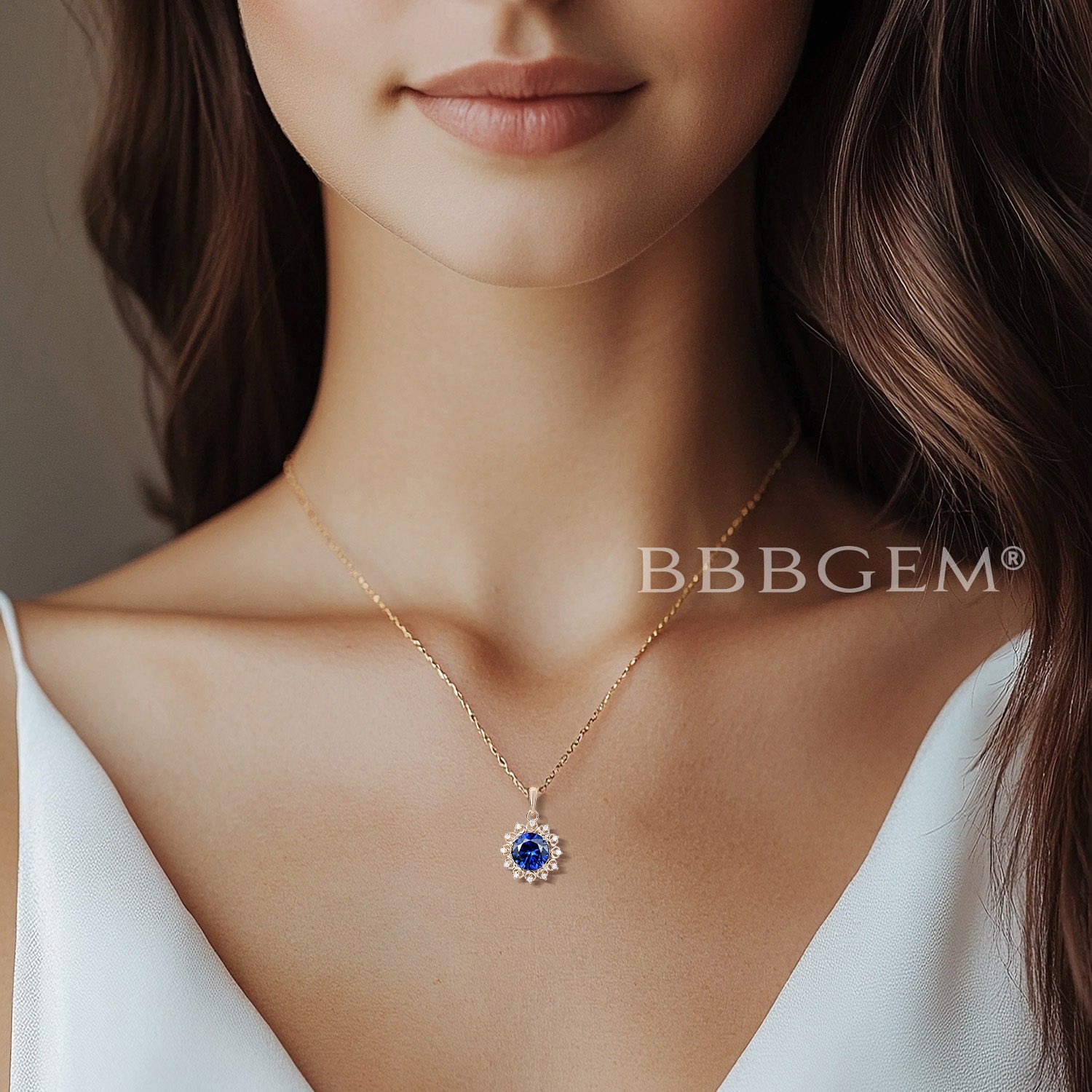 Moon Bridal Necklace 2CT Round Blue Sapphire Diamond Pendant - Elegant Wedding Jewelry for Brides, Engagement Gifts & Anniversary Celebrations