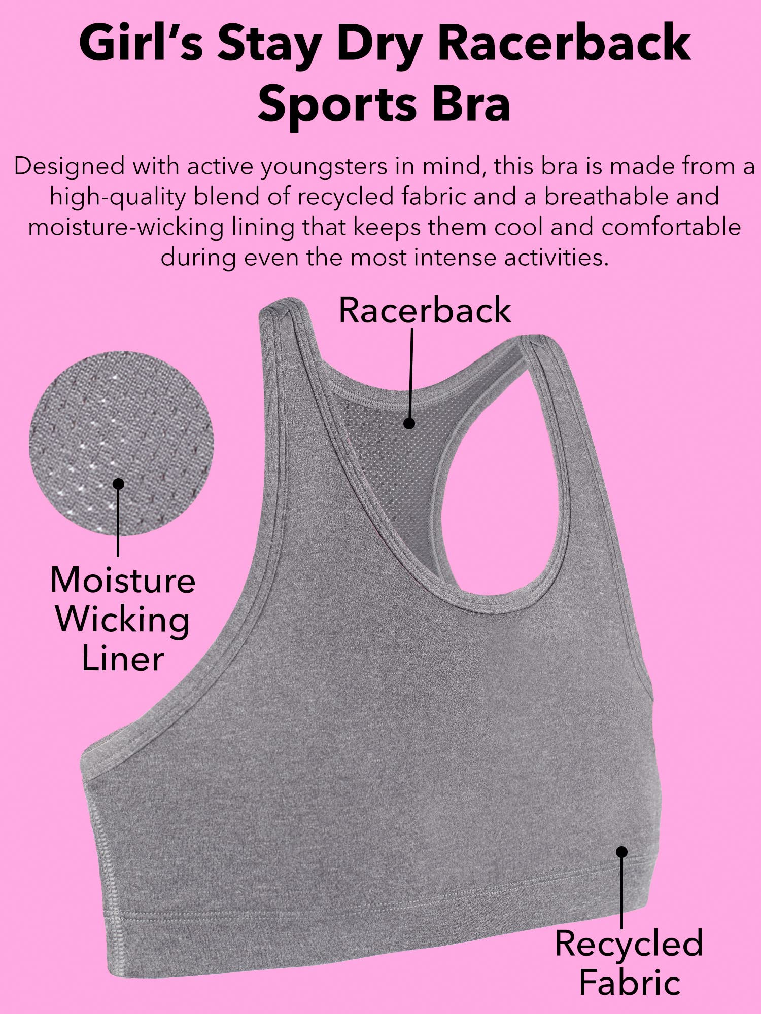 Fruit of the Loom Girls' Stay Dry Racerback Sports Bra - Moisture Wicking Workout Top for Running, Yoga & Gym Activities