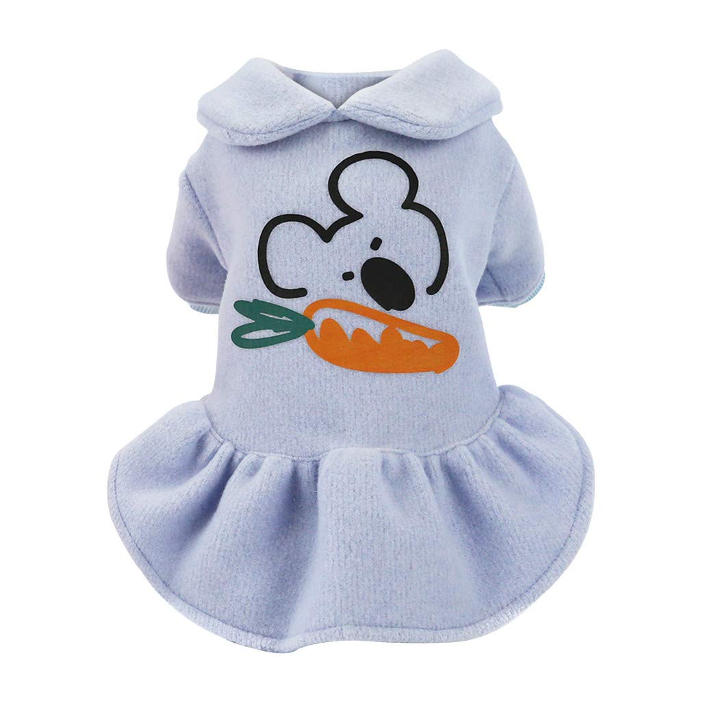 Watonic Winter Dog Clothes - Bear & Radish Print Pet Dress for Small Dogs, Warm Puppy Apparel with Blue Back (13.78in Length) - Perfect for Autumn/Winter Walks & Holiday Photos