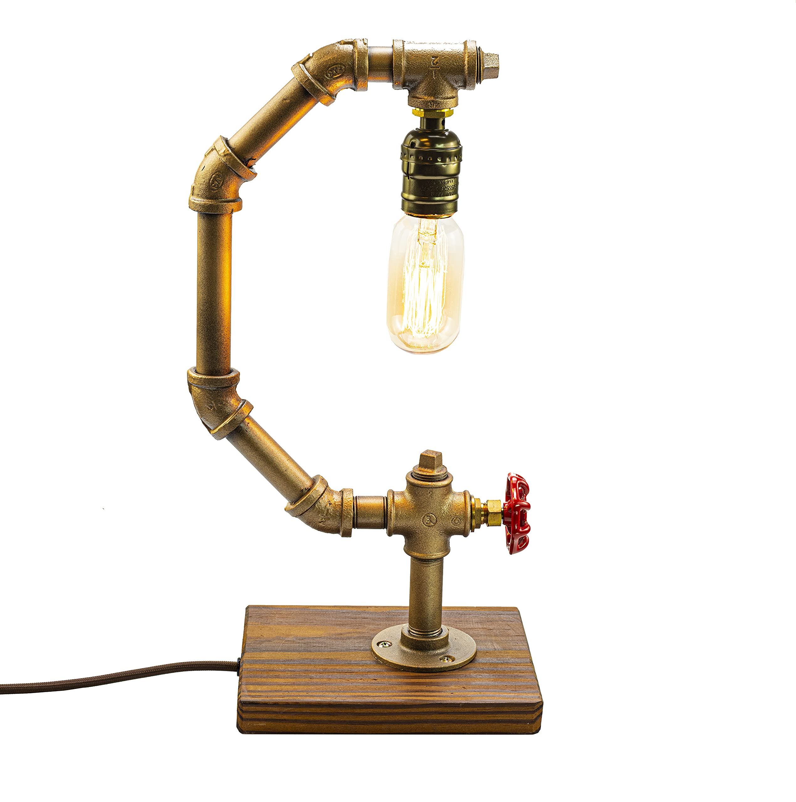 Vintage Industrial Steampunk Desk Lamp with Wood Base & Iron Piping - Dimmable Loft Style Edison Bulb Light for Home Office, Study, or Living Room Decor (Model LL-032)
