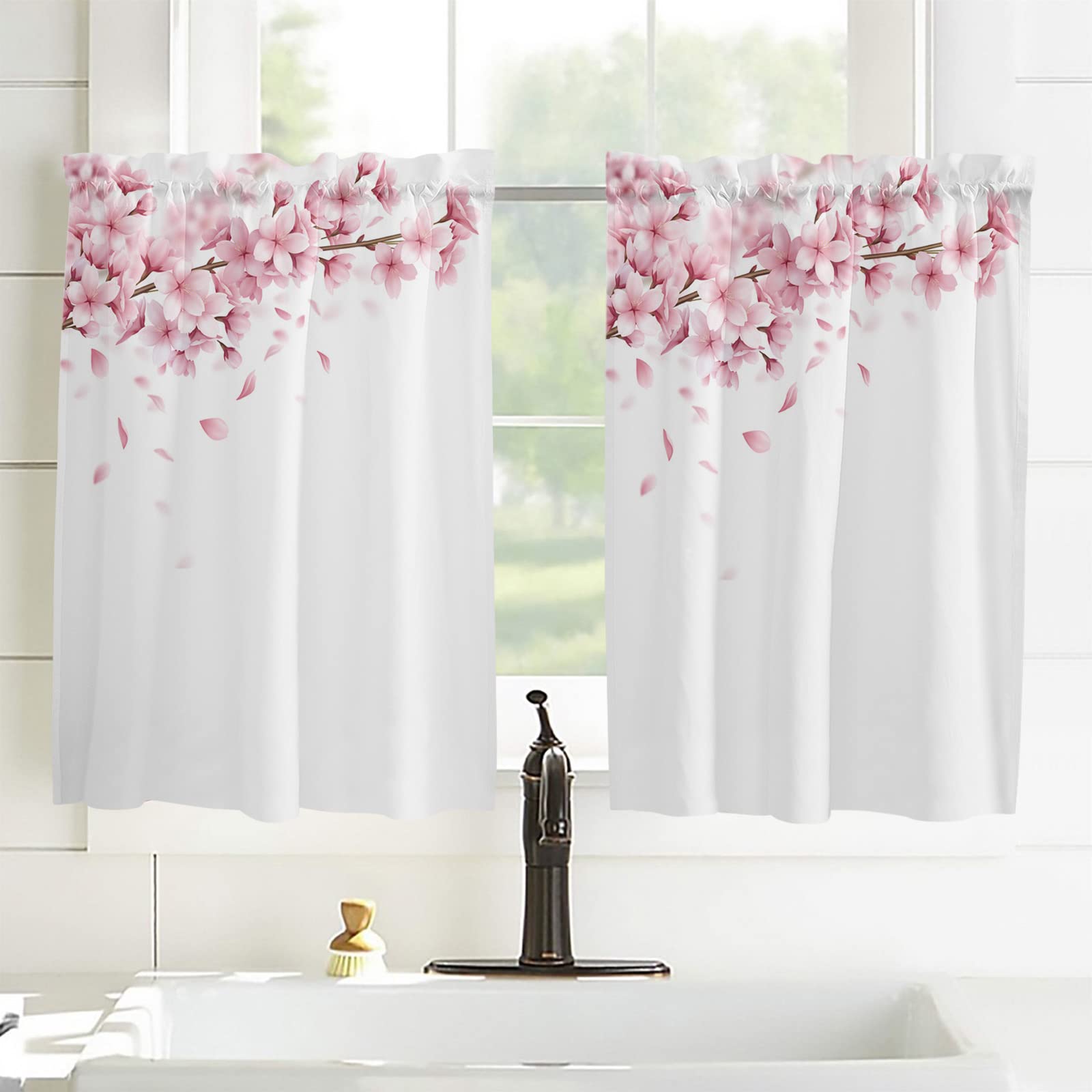Spring Pink Sakura Flowers Kitchen Curtains 45 Inch Length - 2 Panels Cafe Tier Window Drapes with Rod Pocket, 55x45 Inches - Perfect for Kitchen, Dining Room, and Cafe Window Treatments