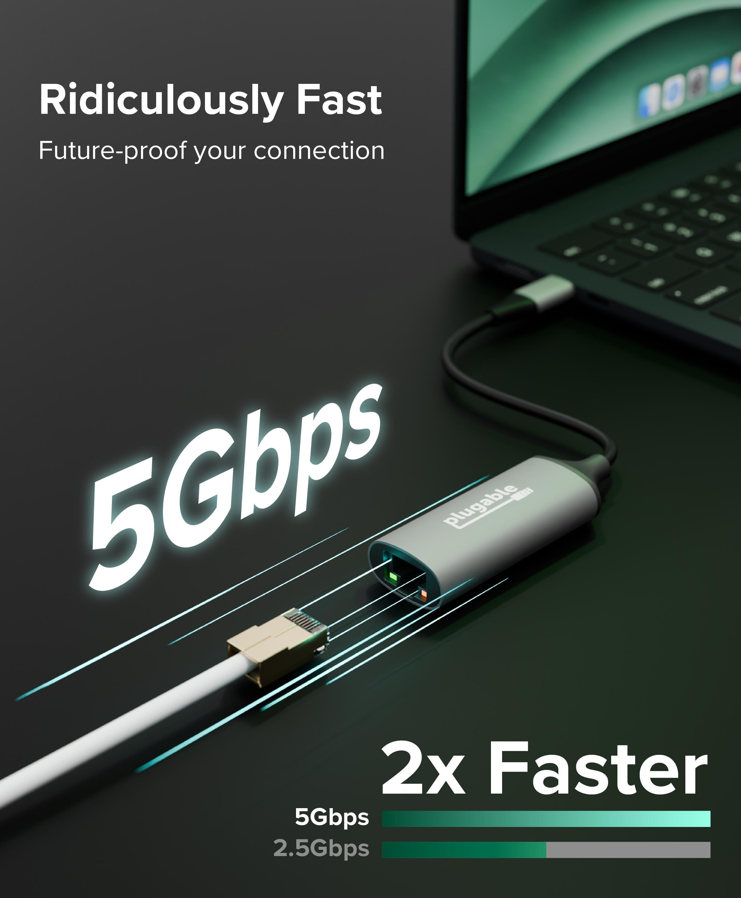 Plugable USB C to 5GbE Ethernet Adapter - High-Speed Wired Network Adapter for MacBook, Windows Laptops - Perfect for Gaming, Streaming & Home Office