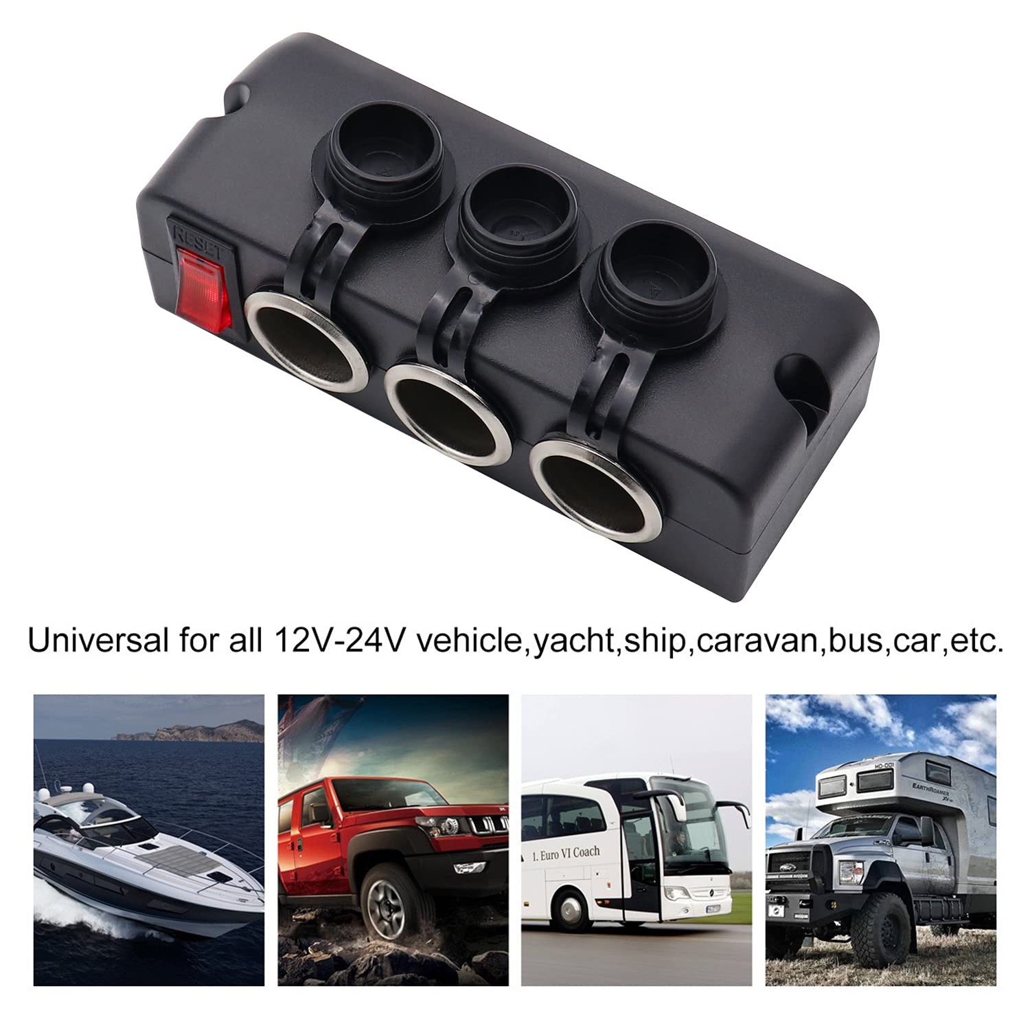 Cllena 12V 3-Socket Cigarette Lighter Splitter Power Outlet Adapter with LED On/Off Switches - for Car, RV, Truck, Marine Boat Charging Multiple Devices On The Go
