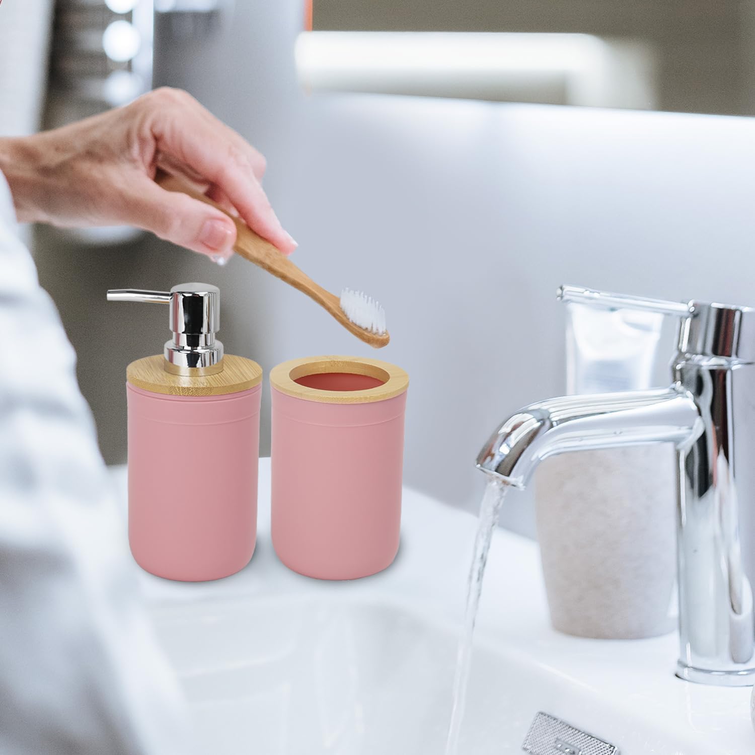 CERBIOR 6-Piece Bamboo Bathroom Accessories Set - Includes Soap Dispenser, Toothbrush Holder, Cup & Soap Dish - Modern Pink Bath Decor for Countertop - Perfect Housewarming Gift for Home & Apartment Decor