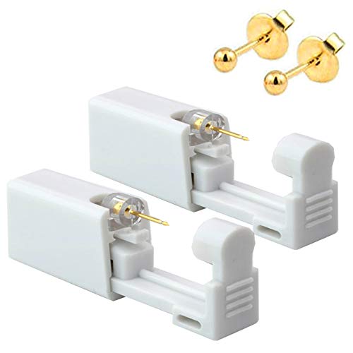 AM RONG MAGIC 2 Pack Self Ear Piercing Gun Kit - Painless Disposable Ear Piercing Tool with 3mm Gold Stud Earrings & Alcohol Pads | Easy Home Use for Safe DIY Ear Piercing