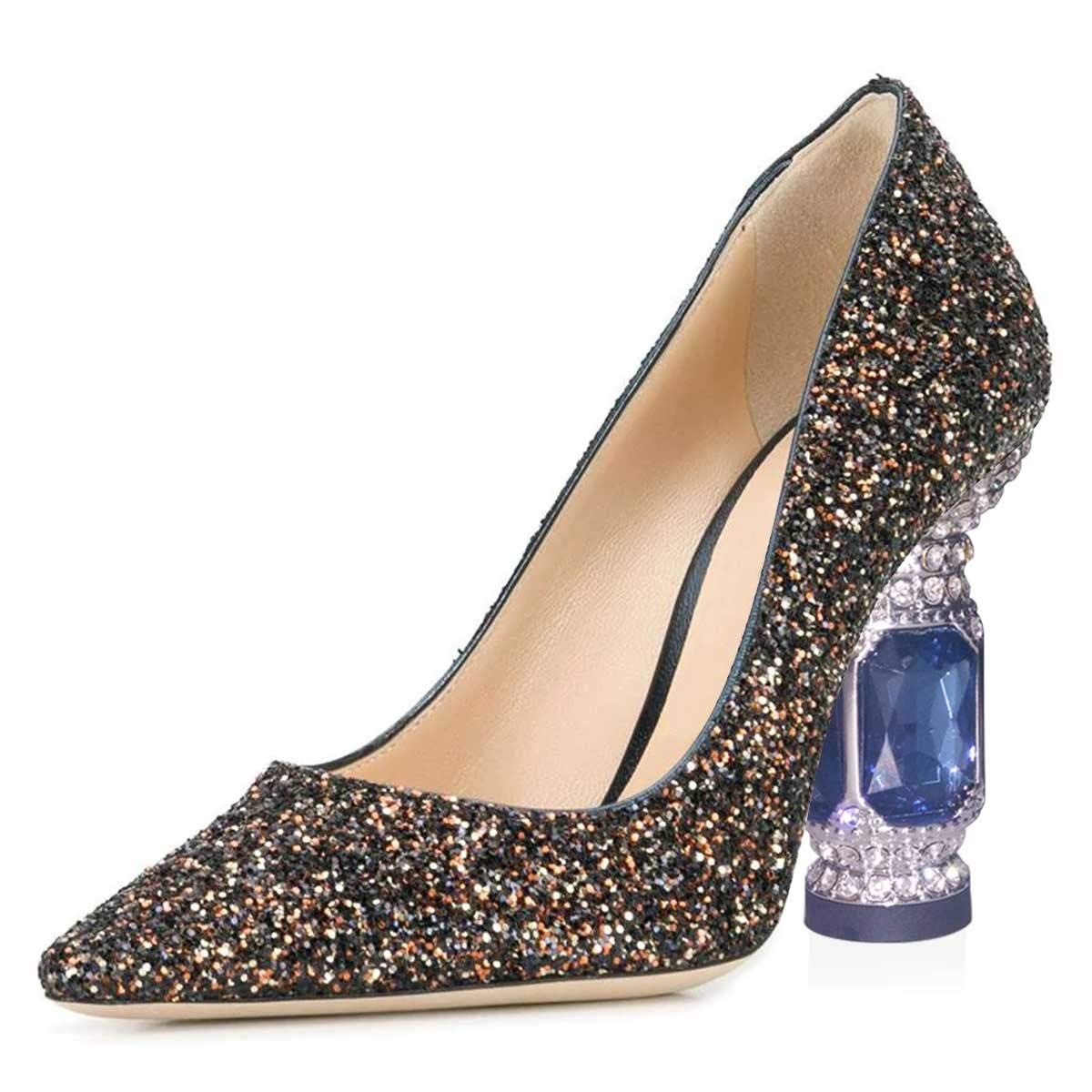 FSJ Women's Crystal Embellished Pointed Toe Mid Heel Wedding Pumps - Comfortable Slip-On Bridal Shoes for Bride, Bridesmaid & Formal Occasions