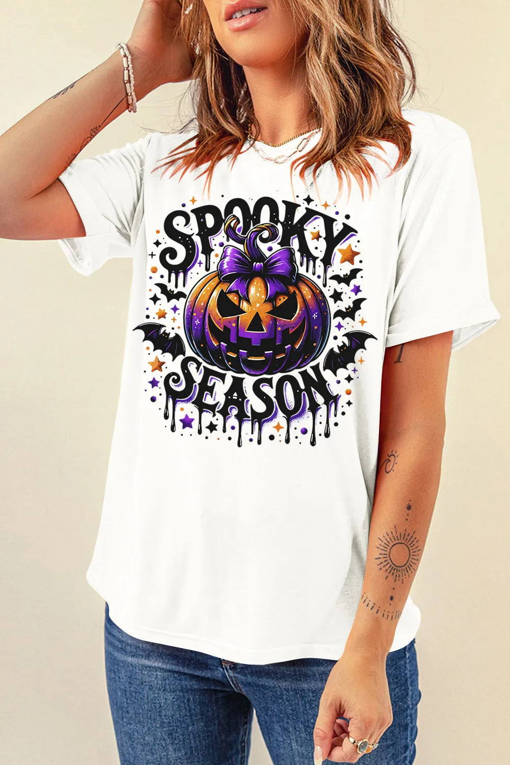 Full Size Jack O' Lantern Graphic Round Neck Short Sleeve T-Shirt for Halloween Costume Party & Pumpkin Festival Outfits