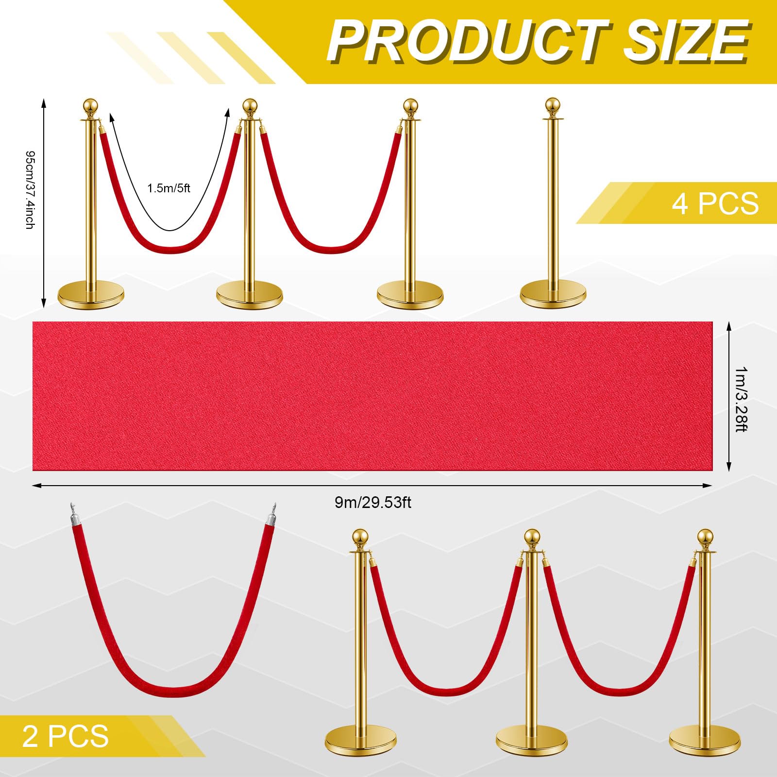 4-Pack Crowd Control Barriers with Red Carpet Runner - Stainless Steel Stanchion Posts & Velvet Rope for Weddings, Parties, Events - Perfect for Indoor/Outdoor Queue Management & VIP Area Setup