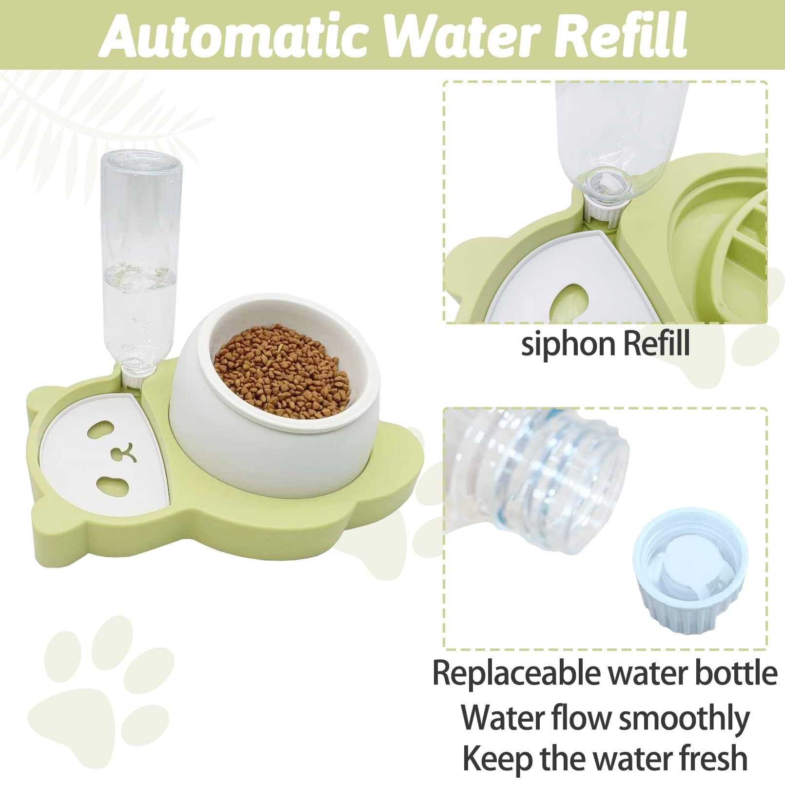 Kathson Elevated Double Dog & Cat Bowl Set - Tilted Raised Ceramic Pet Food & Water Dishes with No-Spill Automatic Water Dispenser - 5-in-1 Function for Cats & Small Dogs (Green) - Perfect for Home, Kitchen & Pet Feeding Stations