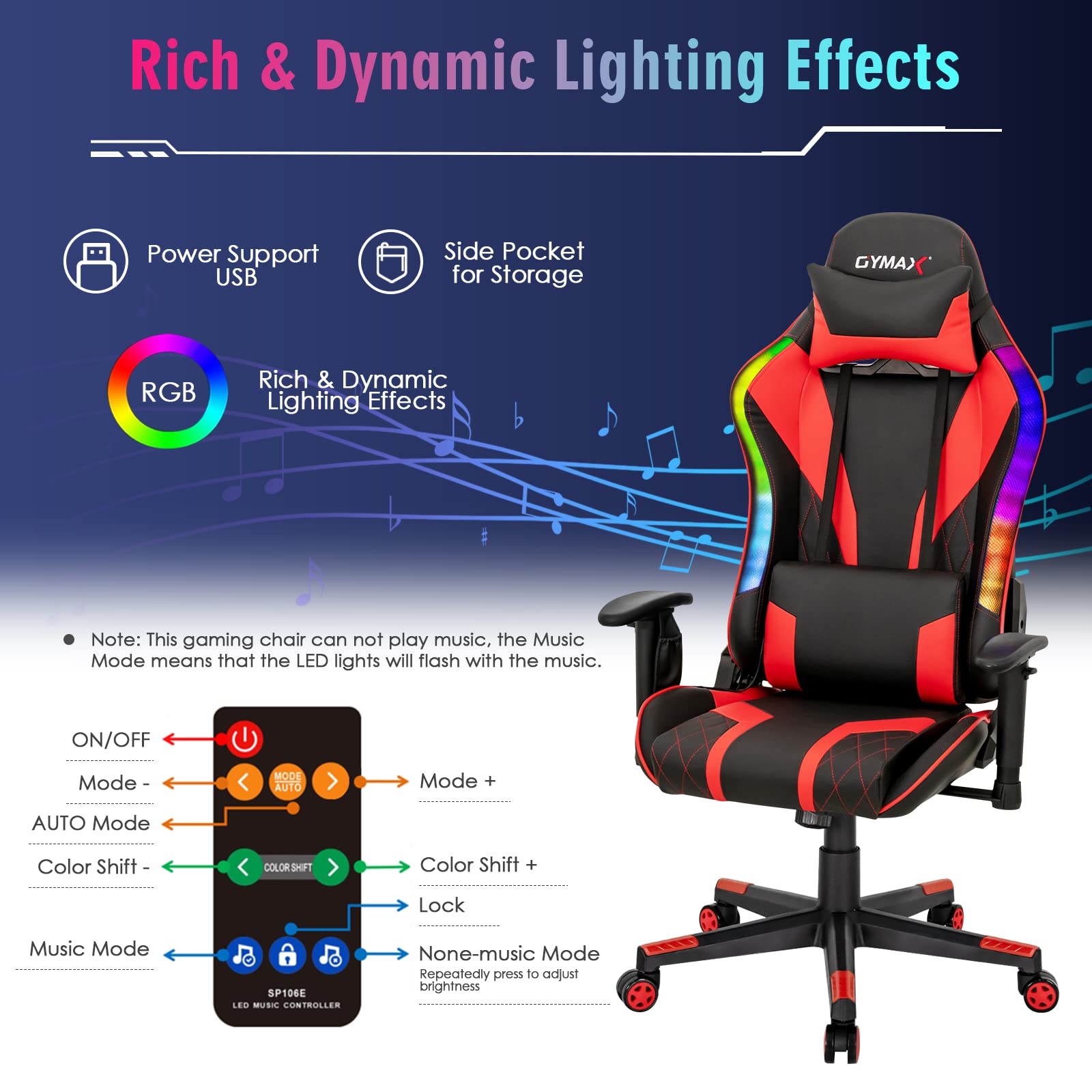 Powerstone RGB Gaming Chair - Ergonomic Racing Style Computer Chair for Adults with Adjustable Lumbar Support & Armrests - High Back Office Desk Chair for Gamers (Red) - Perfect for Esports, Streaming & Home Office Workspace
