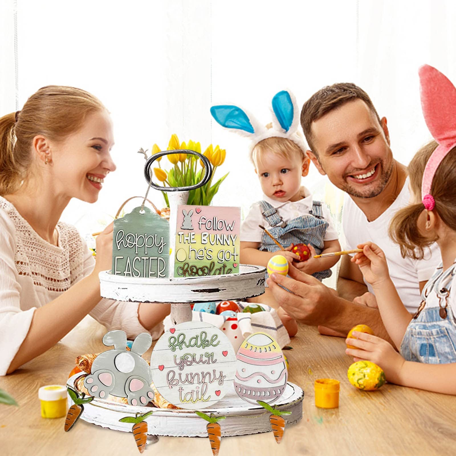 3D Mini Wooden Bunny Signs Easter Tiered Tray Decor - Rustic Wooden Easter Decorations for Home, Office & Party - Perfect for Spring Table Centerpieces, Shelf Displays & Holiday Gift Giving