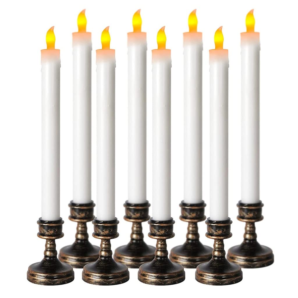 Flameless LED Taper Candles with Holders - 8 Pack White Battery Operated Candlesticks (5.5x29.0cm) - Safe Flickering Light for Halloween, Christmas, Weddings & Home Decor