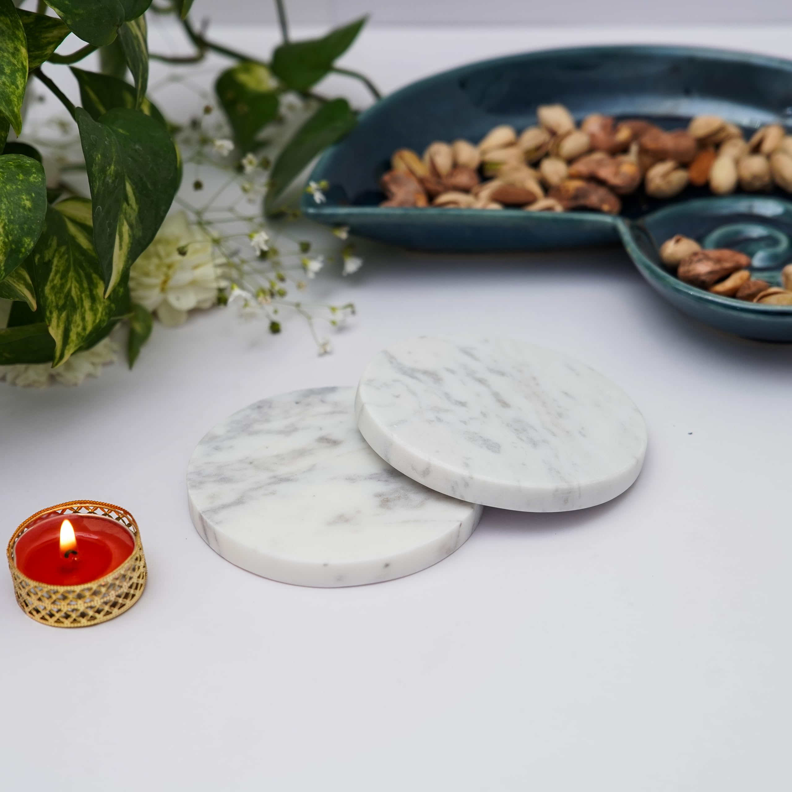 Premium White Marble Coasters Set of 2 - Handcrafted Stone Drink Coasters for Hot & Cold Beverages, Tea, Coffee & Cocktails - Elegant Home & Office Table Decor for Dining, Living Room & Bar Use