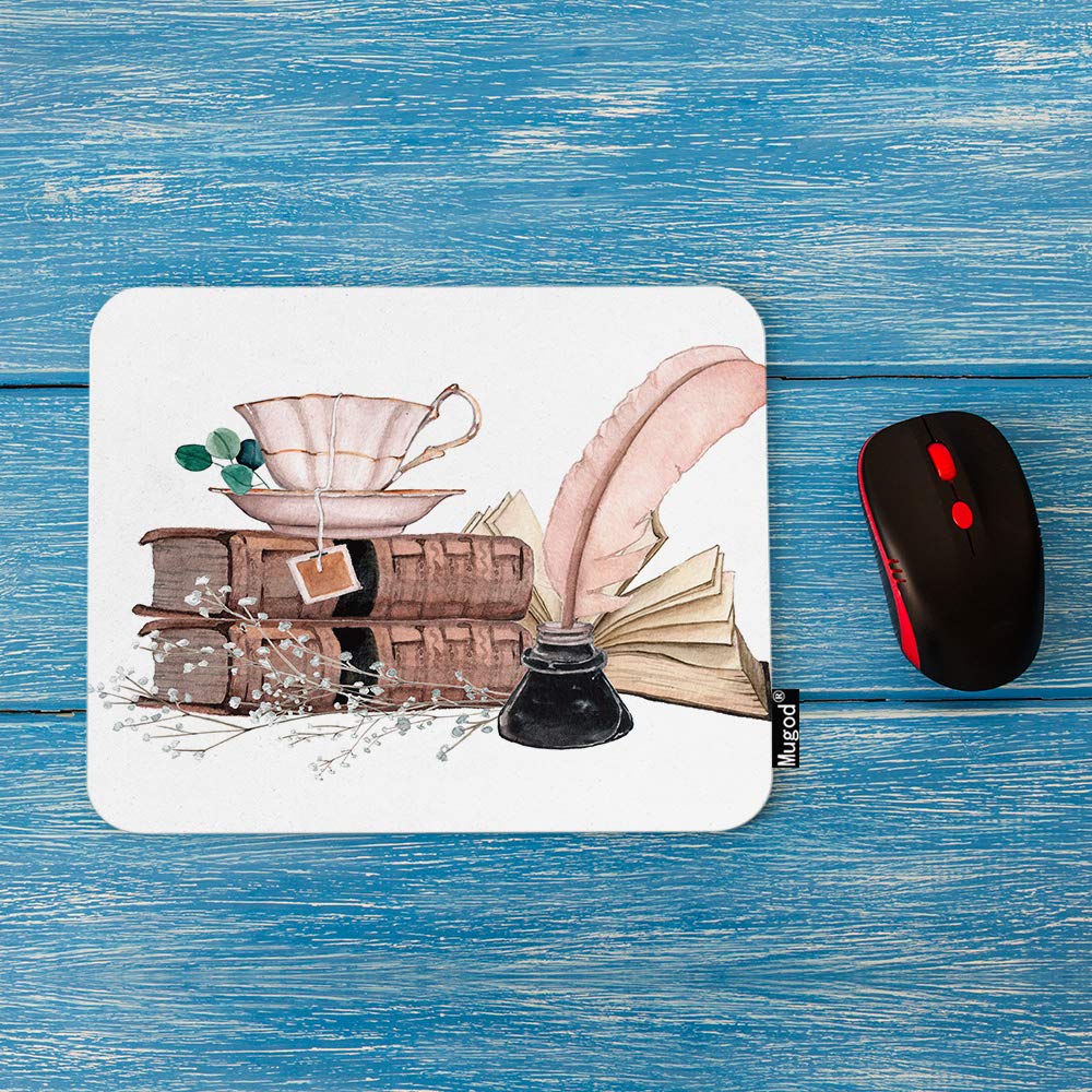 Vintage Old Books Mouse Pad with Leaves, Flowers, Tea Cup & Feather Pen Design - Non-Slip Rubber Base Gaming Mouse Mat for Computer, Laptop, PC - Perfect for Office, Home & Gaming Setup (9.5x7.9 Inches)