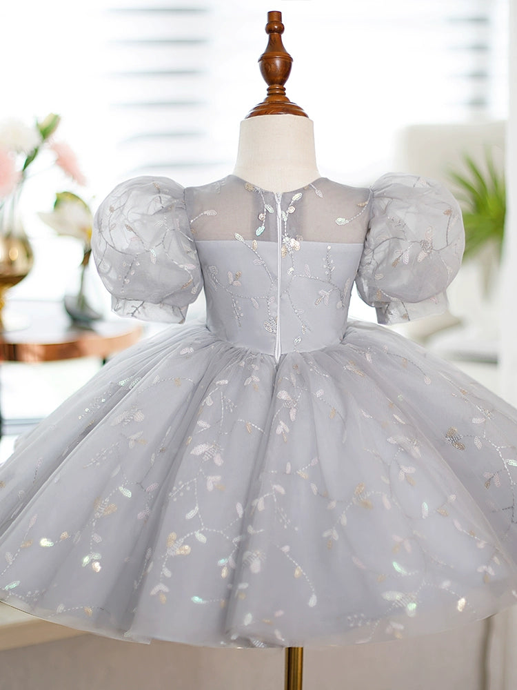 Elegant Grey Organza Flower Girl Dress - Princess Round Tea-Length for Weddings & Special Occasions