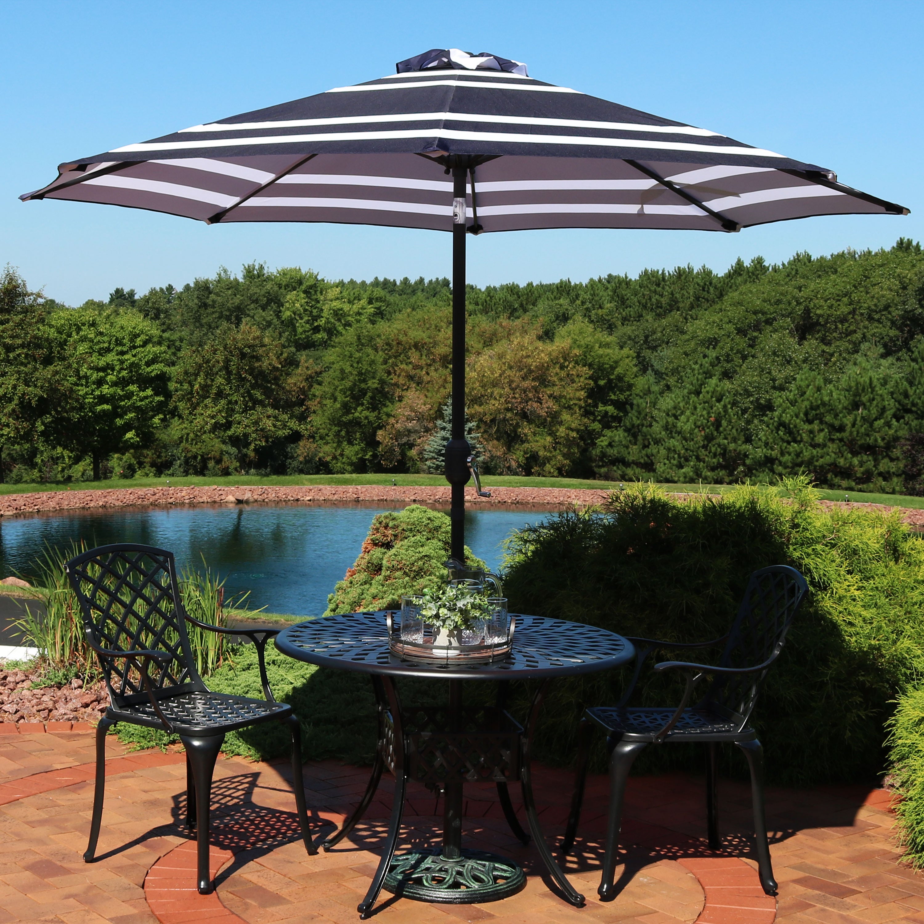 Sunnydaze 9-Foot Striped Outdoor Patio Umbrella with Push Button Tilt & Easy Crank Handle - Perfect for Poolside, Backyard, Garden, and Deck Shade