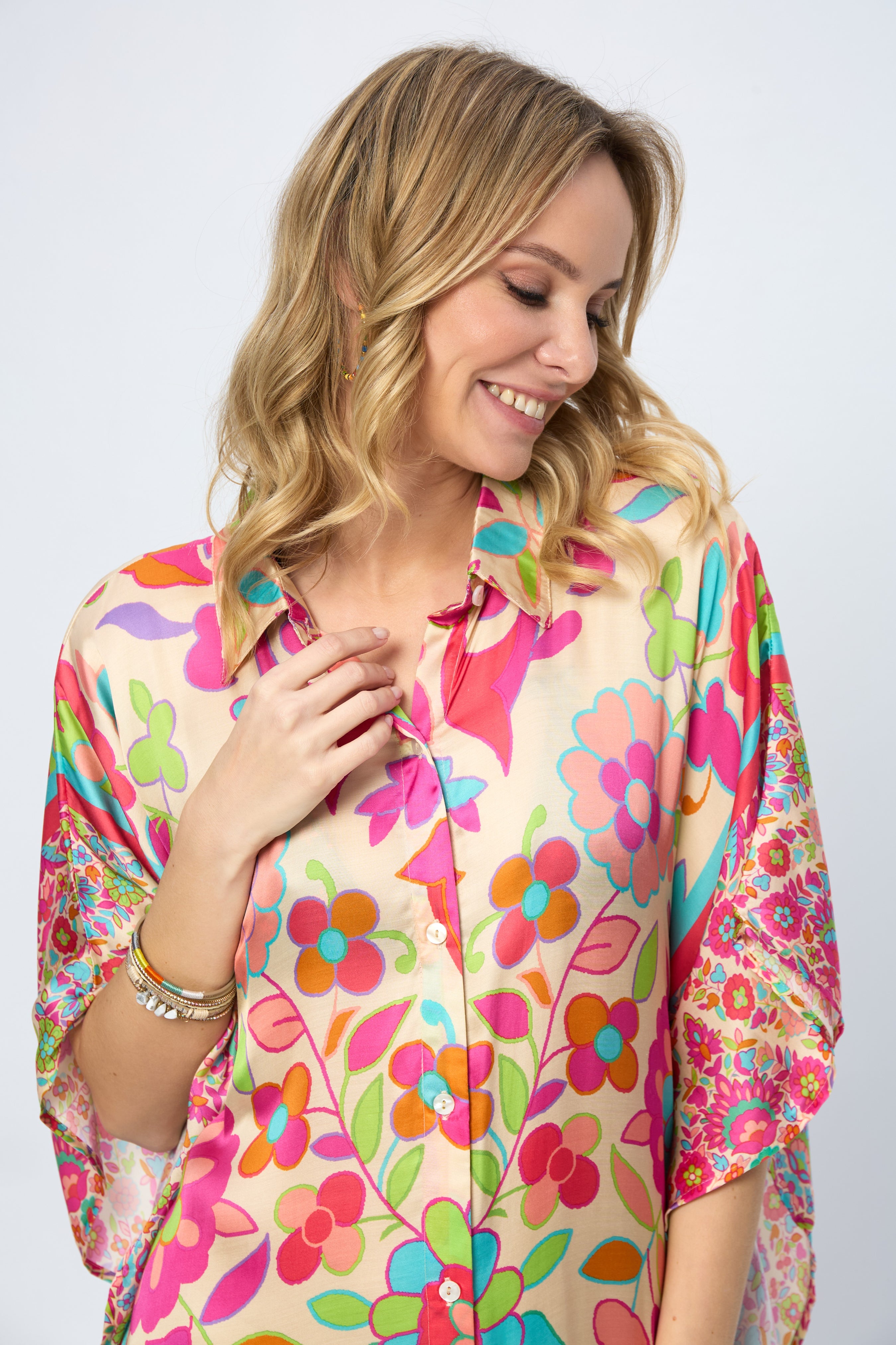 Stylish Multicolored Floral Print Collared Kaftan Dress for Women | Beach Cover Up, Summer Vacation, Boho Chic Outfit