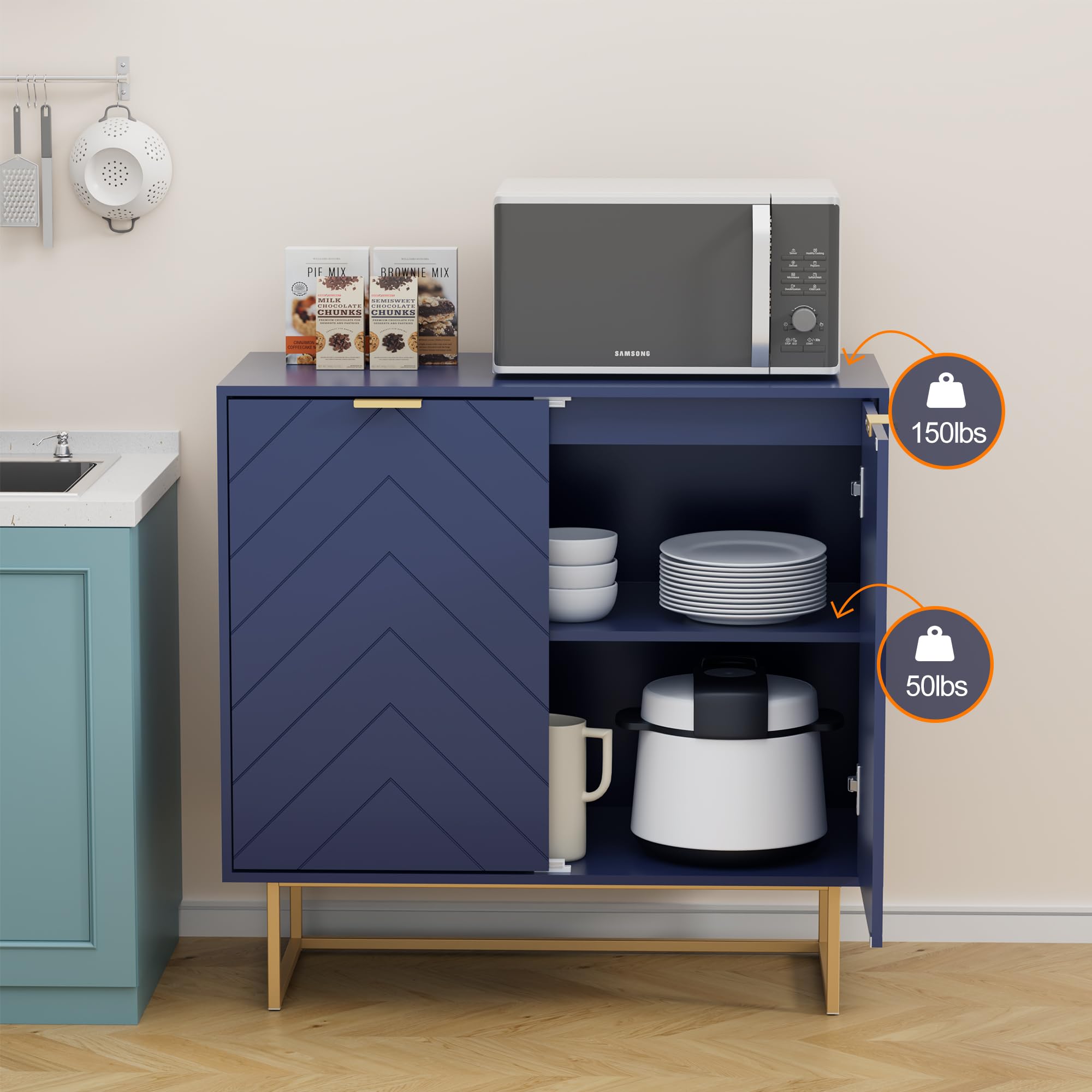 Scurrty Sideboard Cabinet Set of 2 - Navy Blue Buffet Storage Cabinet with Adjustable Shelves for Living Room & Kitchen | Modern Accent Furniture for Dining Room Storage, Home Organization & Entertaining