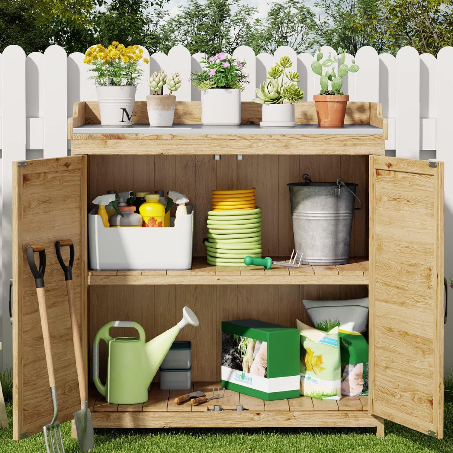 Gizoon Outdoor Potting Bench with Metal Tabletop & Adjustable Shelf - Wooden Garden Storage Cabinet with Double Doors - Perfect for Backyard, Patio, Lawn Gardening & DIY Projects - Natural Finish