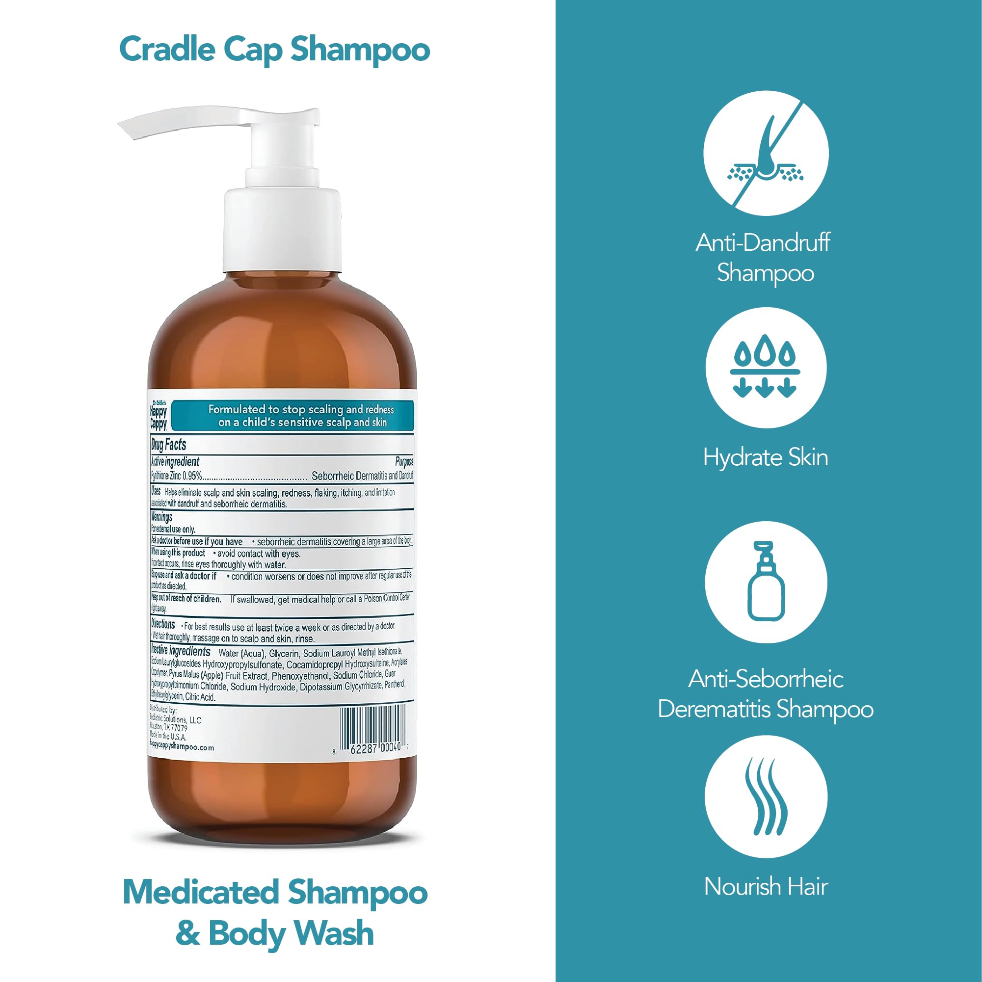 Happy Cappy Dr. Eddie’s Medicated Shampoo & Body Wash for Babies - Fragrance-Free Baby Dandruff Shampoo for Cradle Cap & Seborrheic Dermatitis - Soothes Redness & Irritation - Dermatologist Tested - 8 Fl Oz (Pack of 4) - Gentle Daily Wash for Newborns & Sensitive Skin