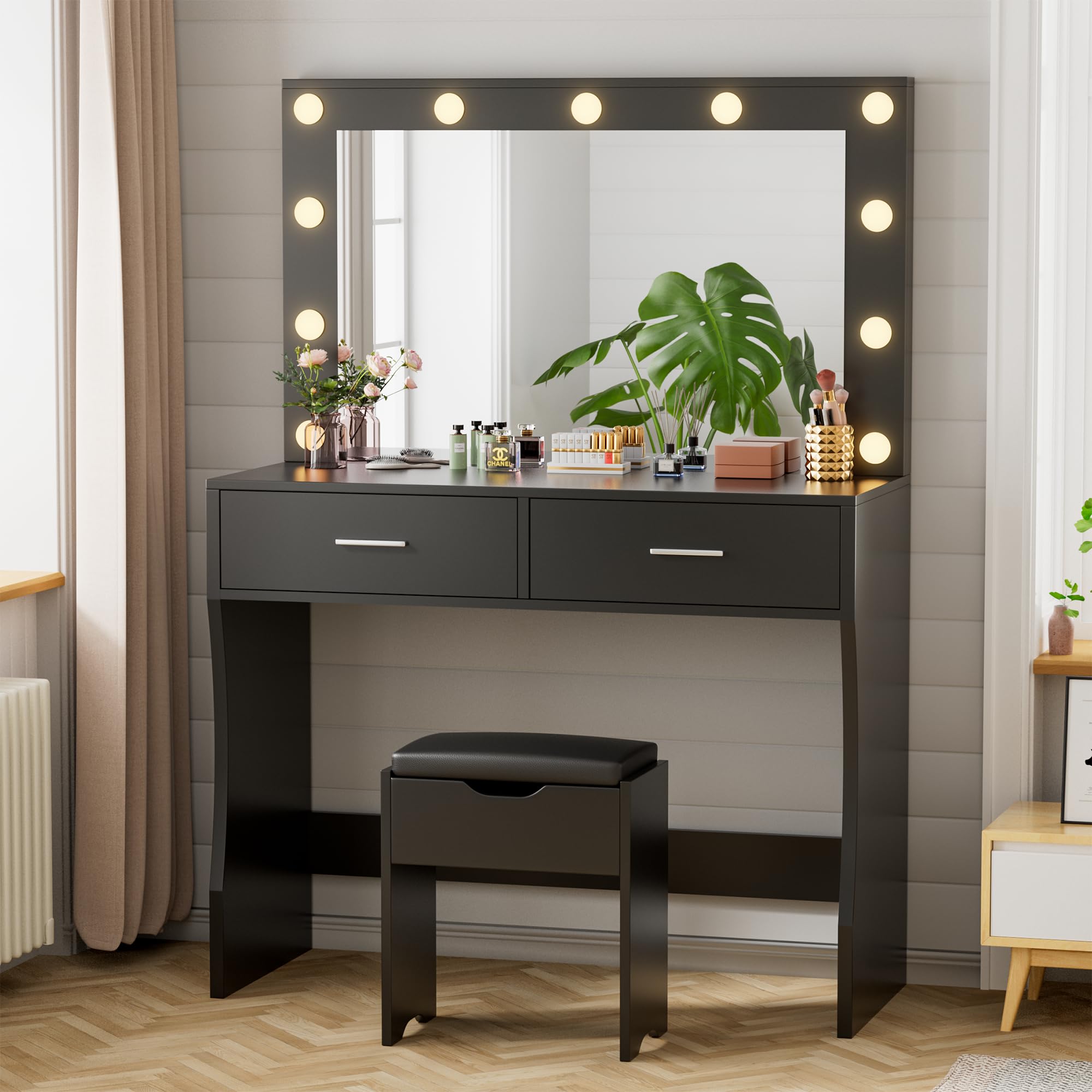 YESHOMY Vanity Desk with Mirror - Makeup Dressing Table with 11 Adjustable LED Lights, 2 Spacious Drawers & Soft-Padded Stool - 3 Lighting Modes Touch Control - Modern Bedroom Vanity Set for Women (Black) | Perfect for Makeup Application, Skincare Routine & Home Decor