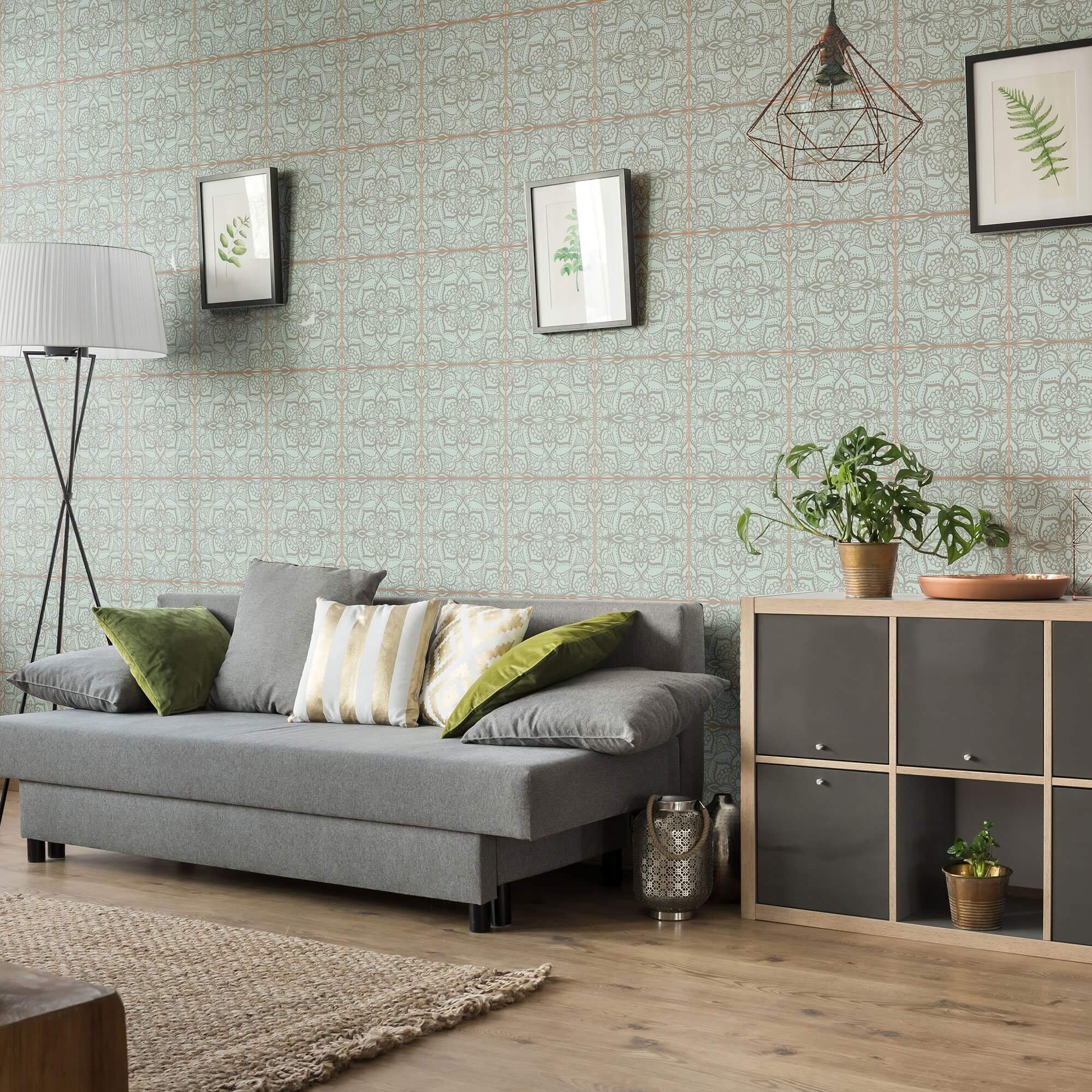 Green and Grey Damask Tile Adhesive Peel and Stick Removable Wallpaper - Self-Adhesive Wallpaper for Kitchen Backsplash, Bathroom, and Home Decor