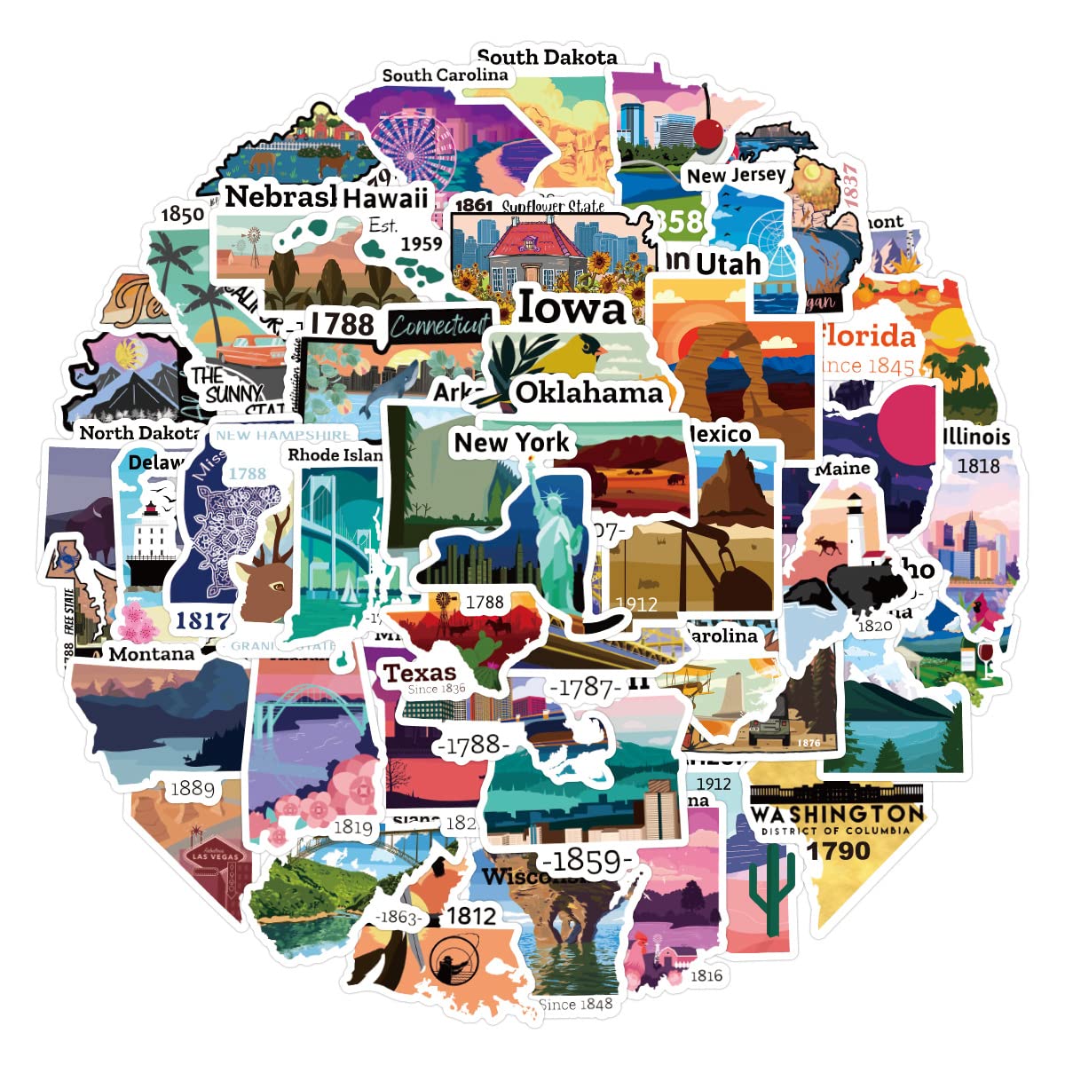 50Pcs USA Map Stickers - Waterproof Vinyl Decals for Water Bottles, Laptops, Phones & Scrapbooks | Fun Travel-Themed Stickers for Kids, Teens & Adults | Perfect for Travel Accessories, School Projects & DIY Crafts