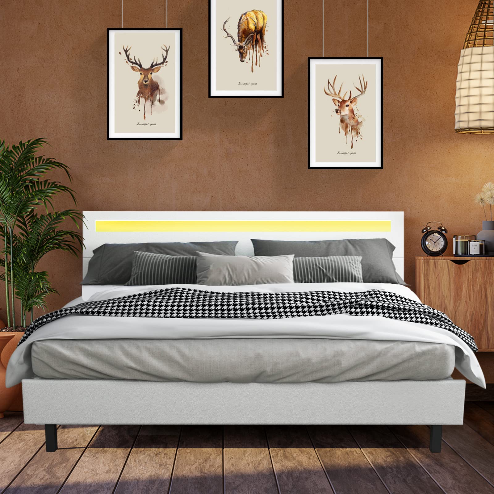 Queen Size LED Bed Frame with Faux Leather Headboard - 13 Inch Modern Upholstered Platform Bed with 24 Color Changing Lights, Solid Wood Slats, No Box Spring Needed, Easy Assembly in White - Perfect for Modern Bedrooms, Guest Rooms, and Smart Home Lighting