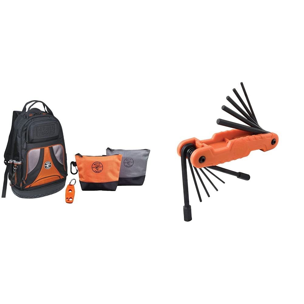 Klein Tools 80038 Tradesman Pro Backpack Tool Kit with Zipper Tool Bags & Magnetizer - 4-Piece Set | 70550 Heavy Duty Folding Hex Key Set with 11 SAE Sizes & Extra Long Allen Wrenches | Perfect for Electricians, HVAC Technicians & Professional Contractors