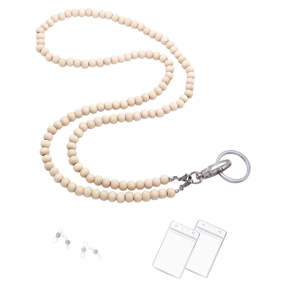 Wooden Beaded Lanyard for ID Badges & Keys - Natural Women's Necklace for Glasses & Work Accessories