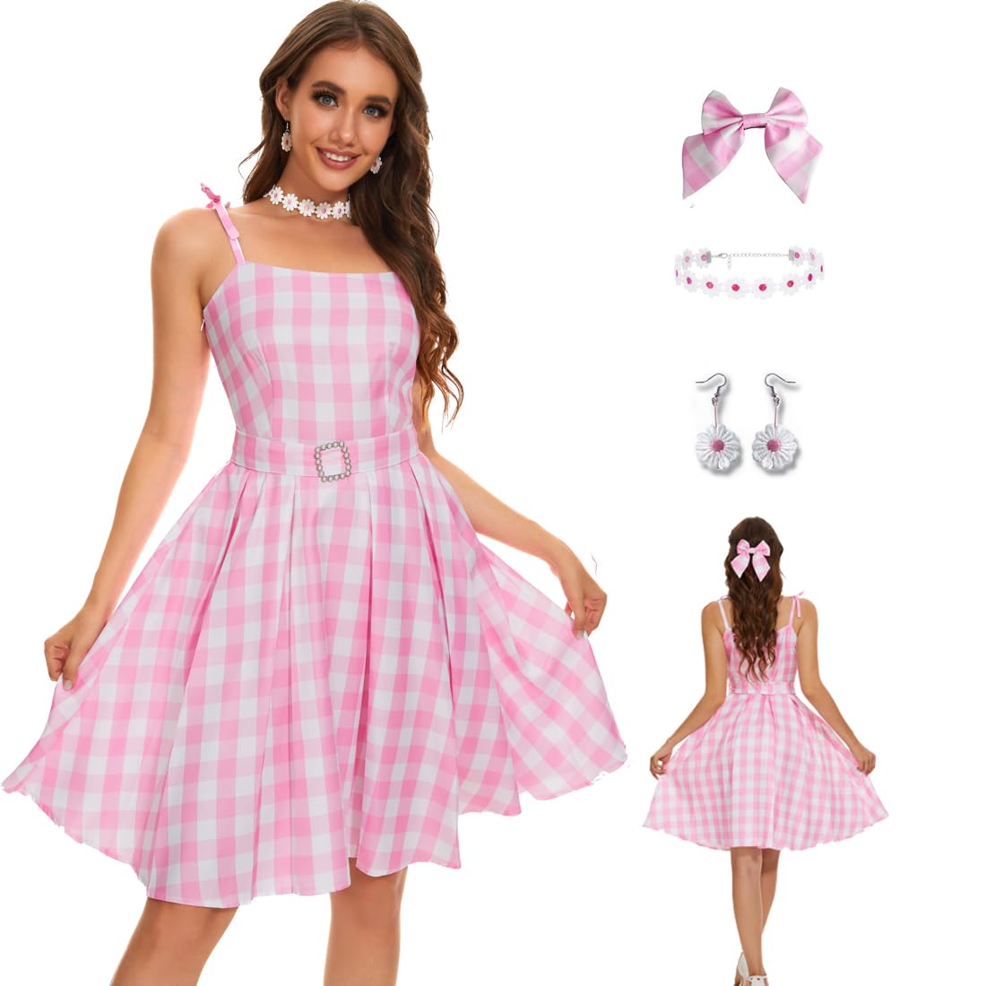 AYYOHON Women's Pink Plaid Dress with Skirt, Hair Bow, Daisy Necklace & Earrings Set - Halloween 2023 Cosplay Costume for Parties, Anime Conventions & Themed Events