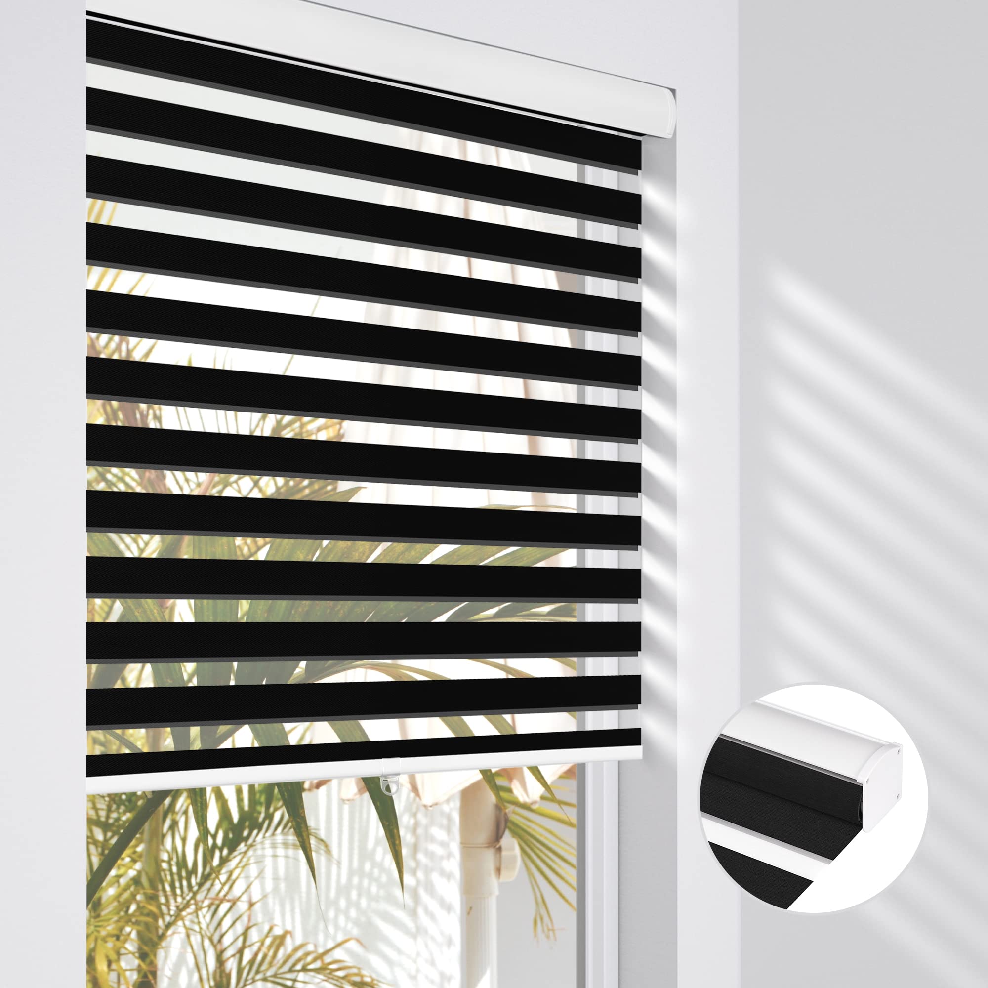 Custom Size Cordless Zebra Blinds for Windows - Dual Layer Sheer & Privacy Light Filtering Shades | Day & Night Light Control | Modern Roller Window Blinds for Living Room & Bedroom (Black, 22