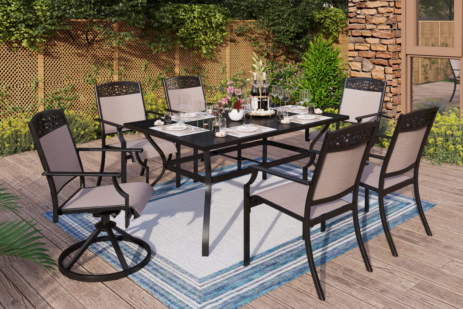 MFSTUDIO 7-Piece Outdoor Dining Set - 4 Stackable Textilene Chairs, 2 Swivel Chairs & 1 Rectangular Metal Table with Umbrella Hole - Durable Cast Aluminum Patio Furniture for 6 - Perfect for Backyard, Poolside & Garden Gatherings
