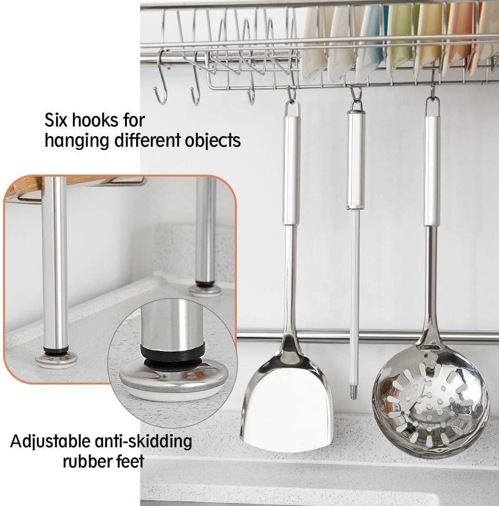 2-Tier Stainless Steel Over The Sink Dish Drying Rack - Adjustable Large Kitchen Shelf with Utensil Holder (Fits Sinks ≤35 Inch) | Space-Saving Solution for Small Kitchens & Dish Organization
