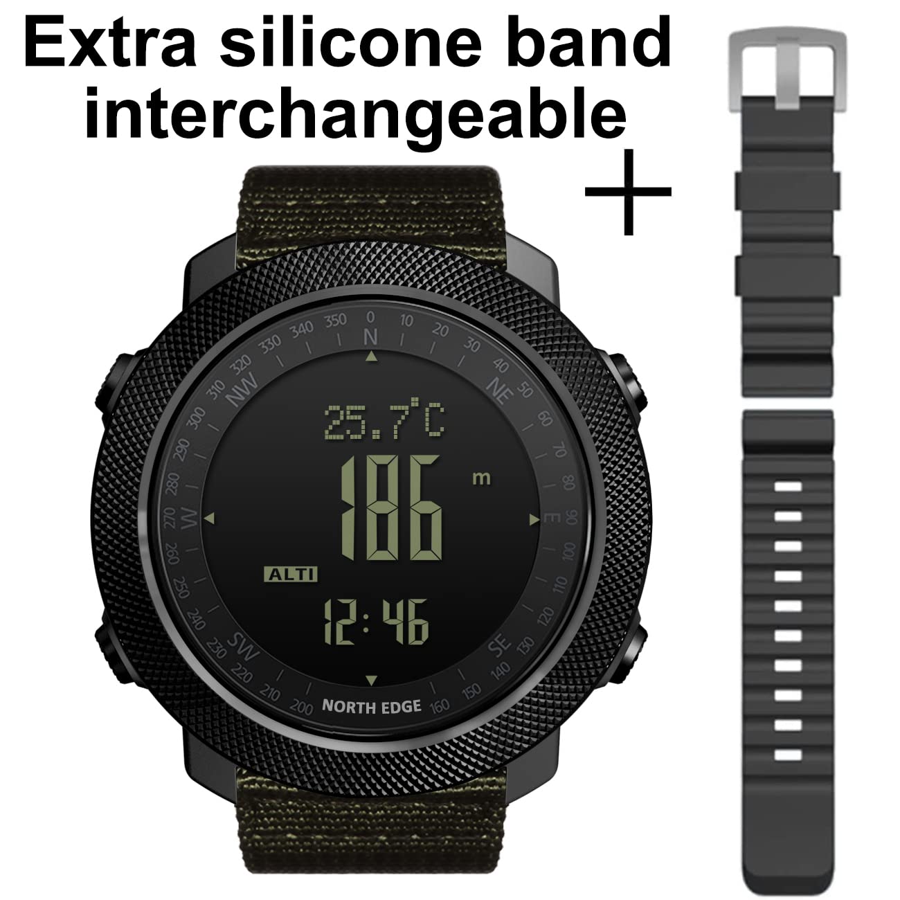 North Edge Apache Tactical Sports Watch for Men - Digital Outdoor Survival Military Compass Watch with Durable Band, Step Tracker, Pedometer & Calorie Counter - Perfect for Hiking, Camping & Adventure Activities (Green)