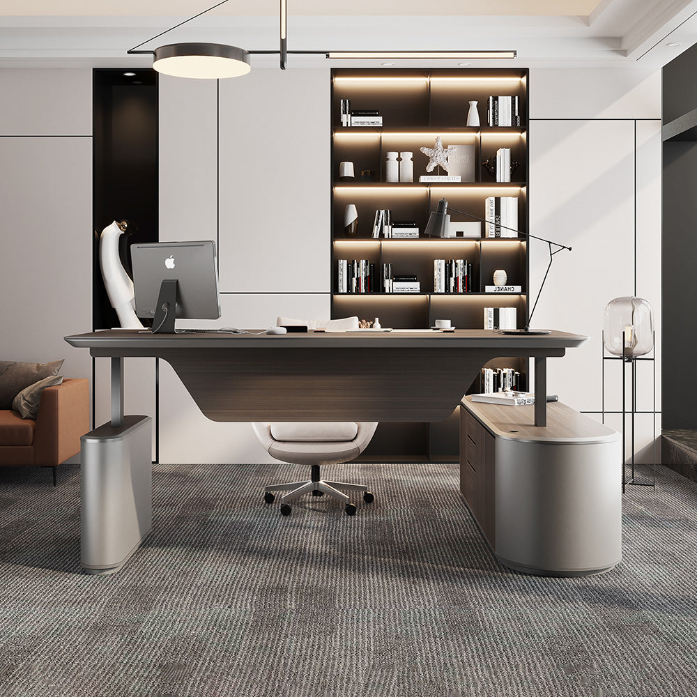 LUCA Electric Height Adjustable Sit Stand Desk 240cm - Hazelnut & Grey Finish, Ergonomic Executive Office Desk with Reversible Return for Home & Workspace