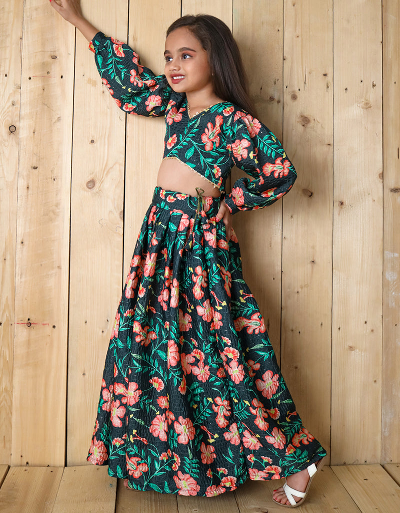 Stylish All-Season Kids Lehenga Choli Set - Green Digital Print with Sequins & Crochet Details for Festivals, Weddings & Special Occasions