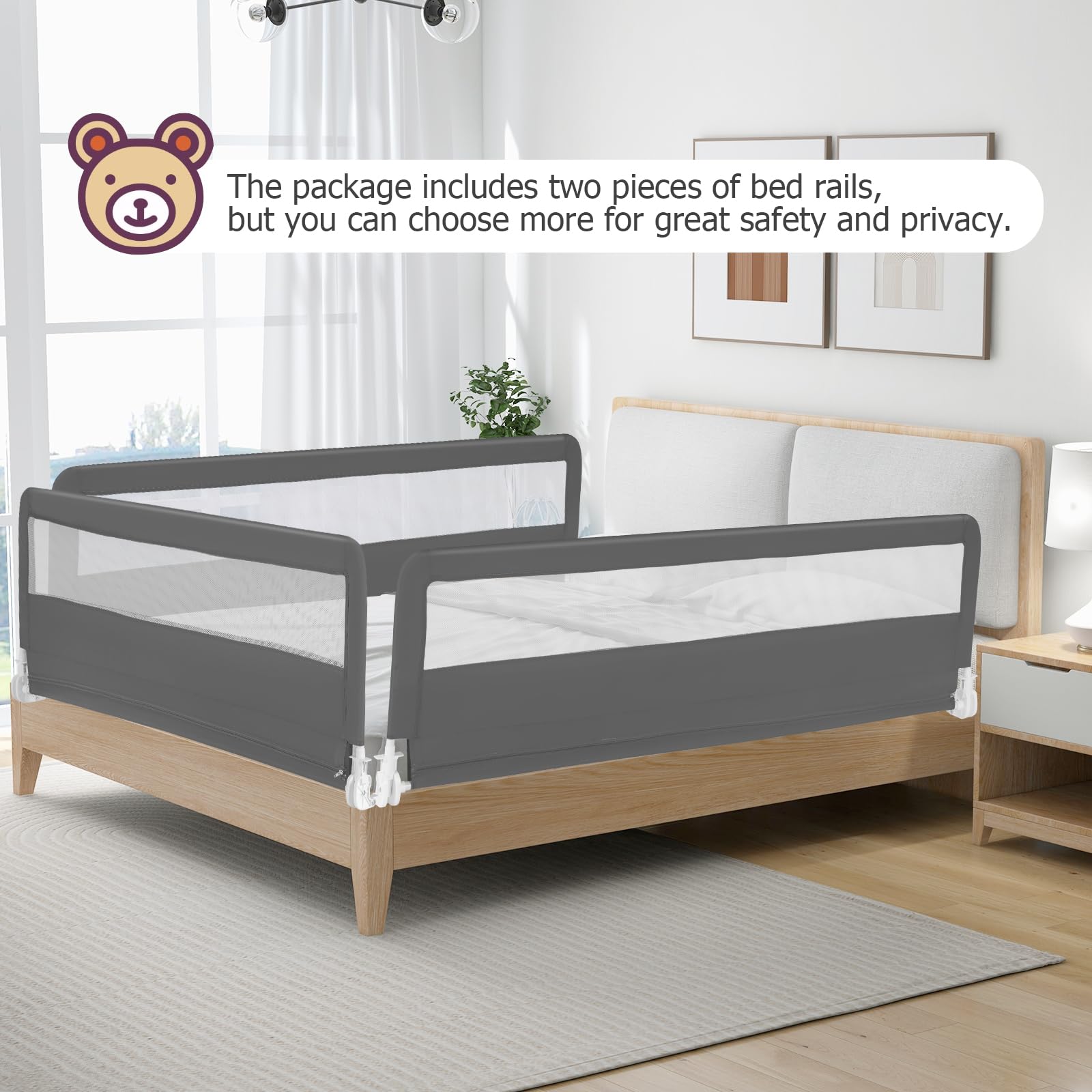 Costzon 2-Pack Extra Long Swing Down Bed Rails for Toddlers - 71-Inch Safety Bed Guards with Straps for Convertible Crib, Twin, Full, Queen & King Size Beds - Foldable Baby Bed Rail for Kids (Gray) | Perfect for Toddler Transition, Child Safety & Peace of Mind