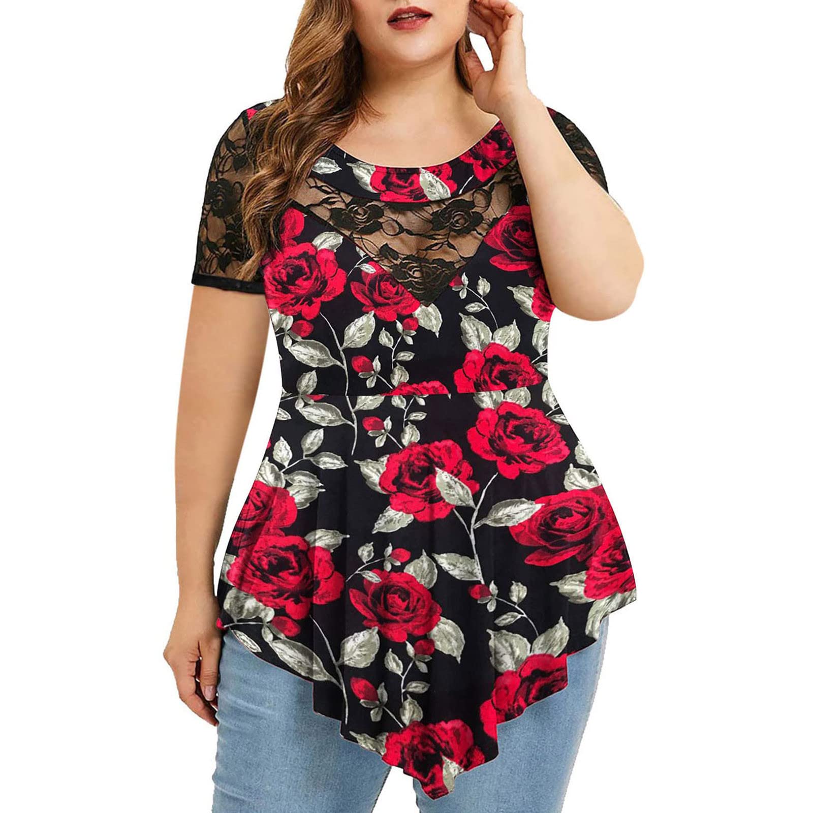 Boho Women's Short Sleeve Lace Neck Blouse - Summer Casual Tunic Top in Plus Size (S-XL) | Perfect for Beach Outings, Music Festivals & Boho-Chic Style