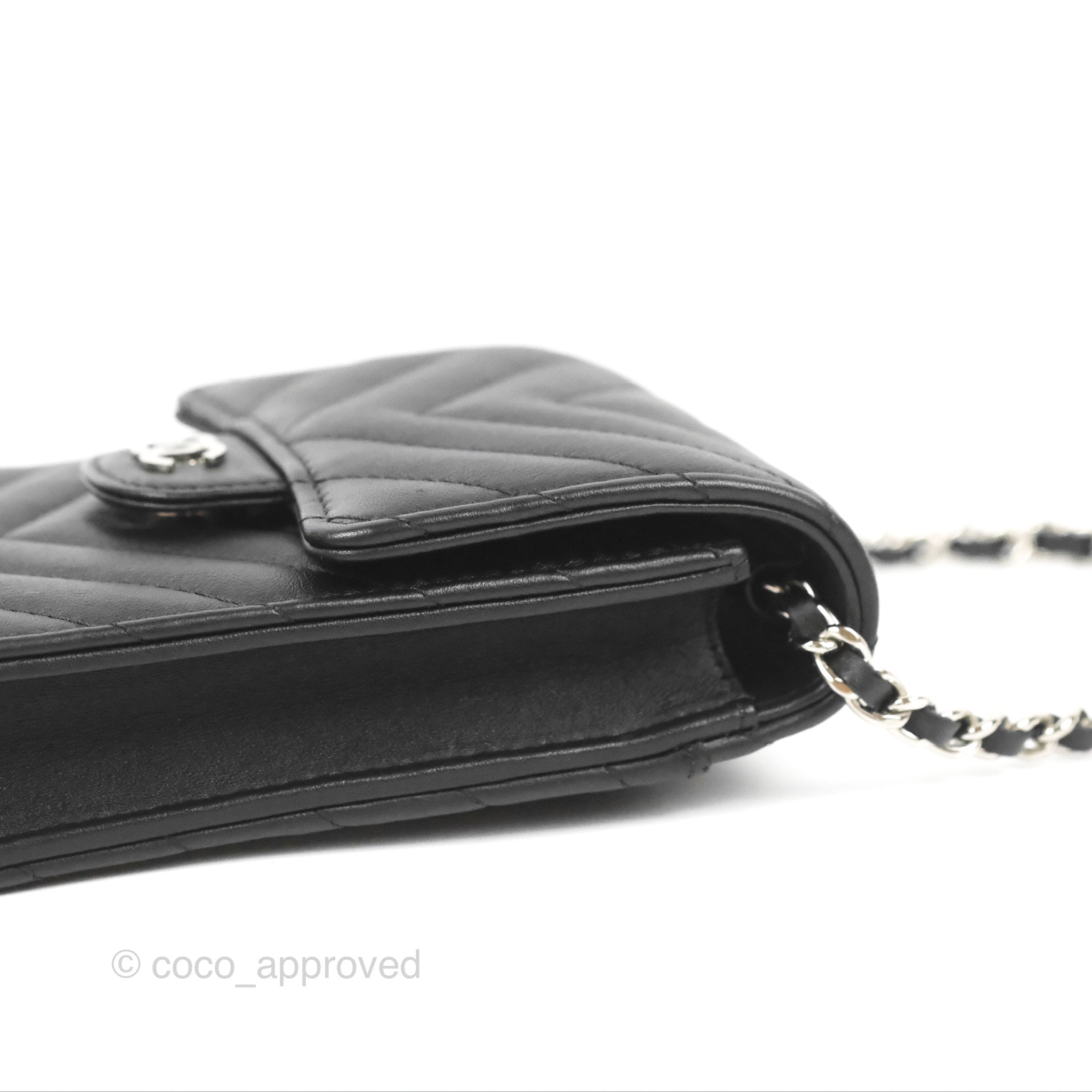Chanel Classic Chevron Phone Holder - Black Calfskin with Silver Hardware | Luxury Phone Accessory for iPhone & Samsung | Perfect for Office, Travel & Daily Use
