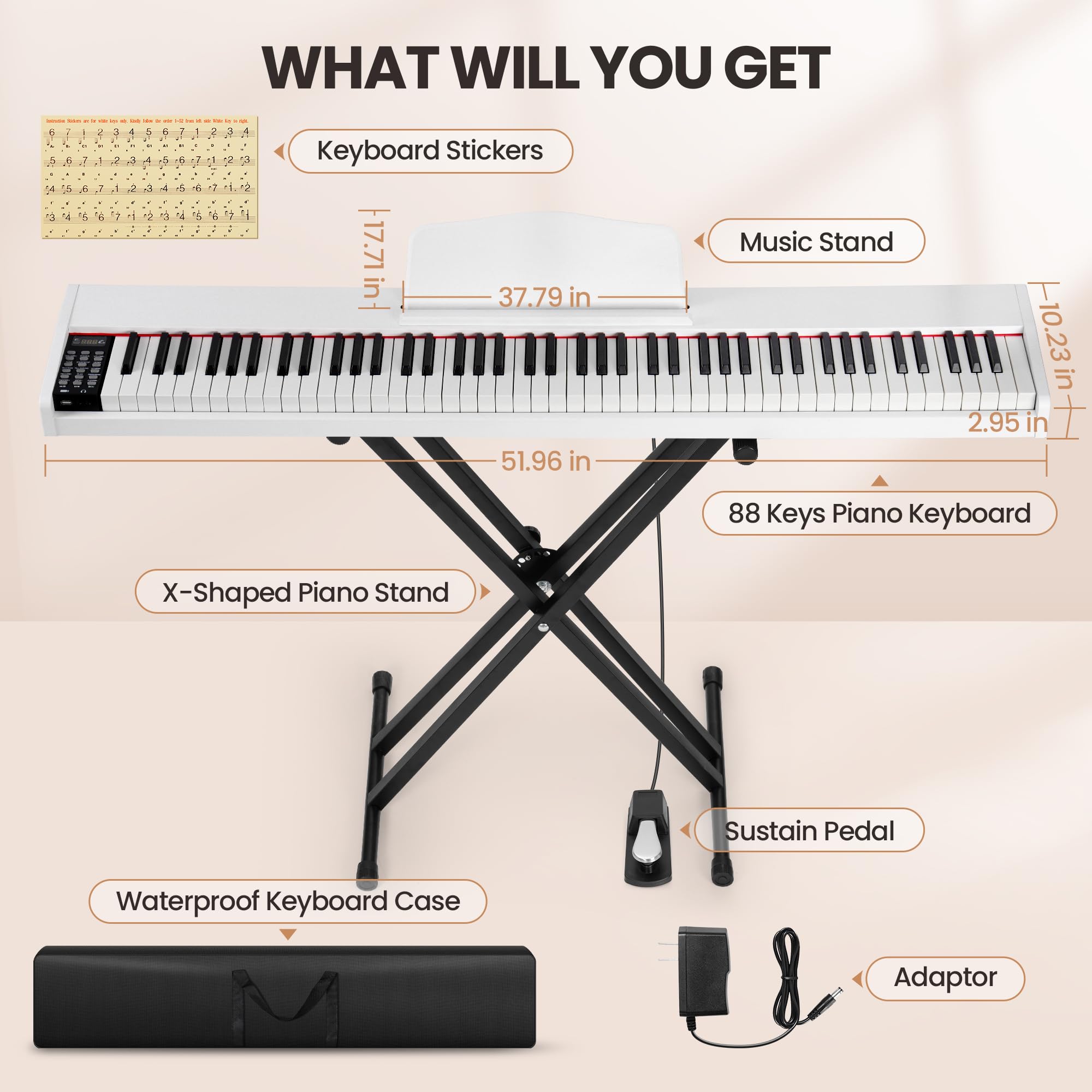 Rengue 88-Key Digital Piano for Beginners - Full Size Semi-Weighted Electronic Keyboard with Stand, Sustain Pedal & Carrying Bag | MIDI/USB/MP3 Connectivity | Portable Keyboard Piano for Adults & Kids | Perfect for Home Practice, Music Lessons & Live Performances (White)