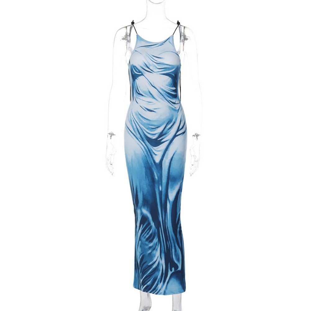 Sexy Women's 3D Print Bodycon Maxi Dress - Spaghetti Strap, Slim Fit & Backless Summer Long Dress for Beach, Party & Night Out