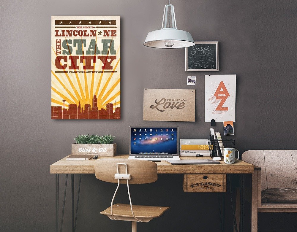 Lincoln Nebraska Skyline Sunburst Screenprint Art - 16x24 Wrapped Canvas Wall Decor for Living Room, Office & Bedroom