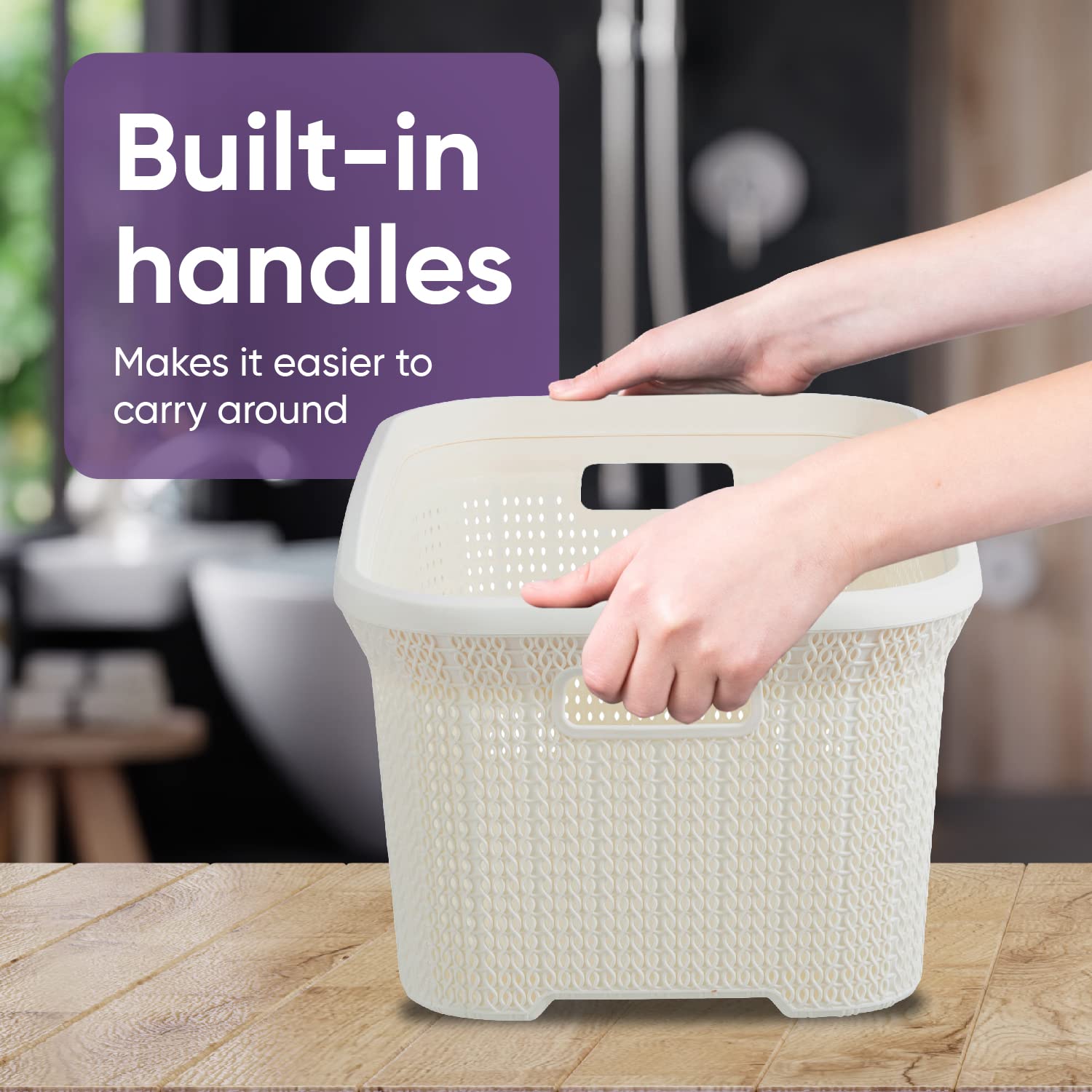 Plastic Laundry Basket with Cut-Out Handles - 40L Small Storage Hamper for Clothes Organization | Space-Saving Cream Knit Design for Laundry Room, Bedroom & Bathroom | Perfect for College Dorms, Apartments and Small Spaces