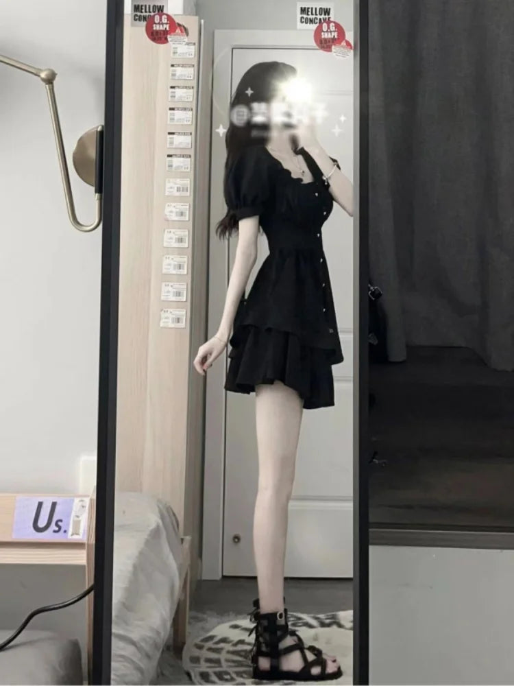 Black Mini Gothic Dress with Puff Sleeves & Square Collar | Korean Fashion Party Dress | Summer Sundress for Women | Perfect for Night Out, Date Night & Special Occasions