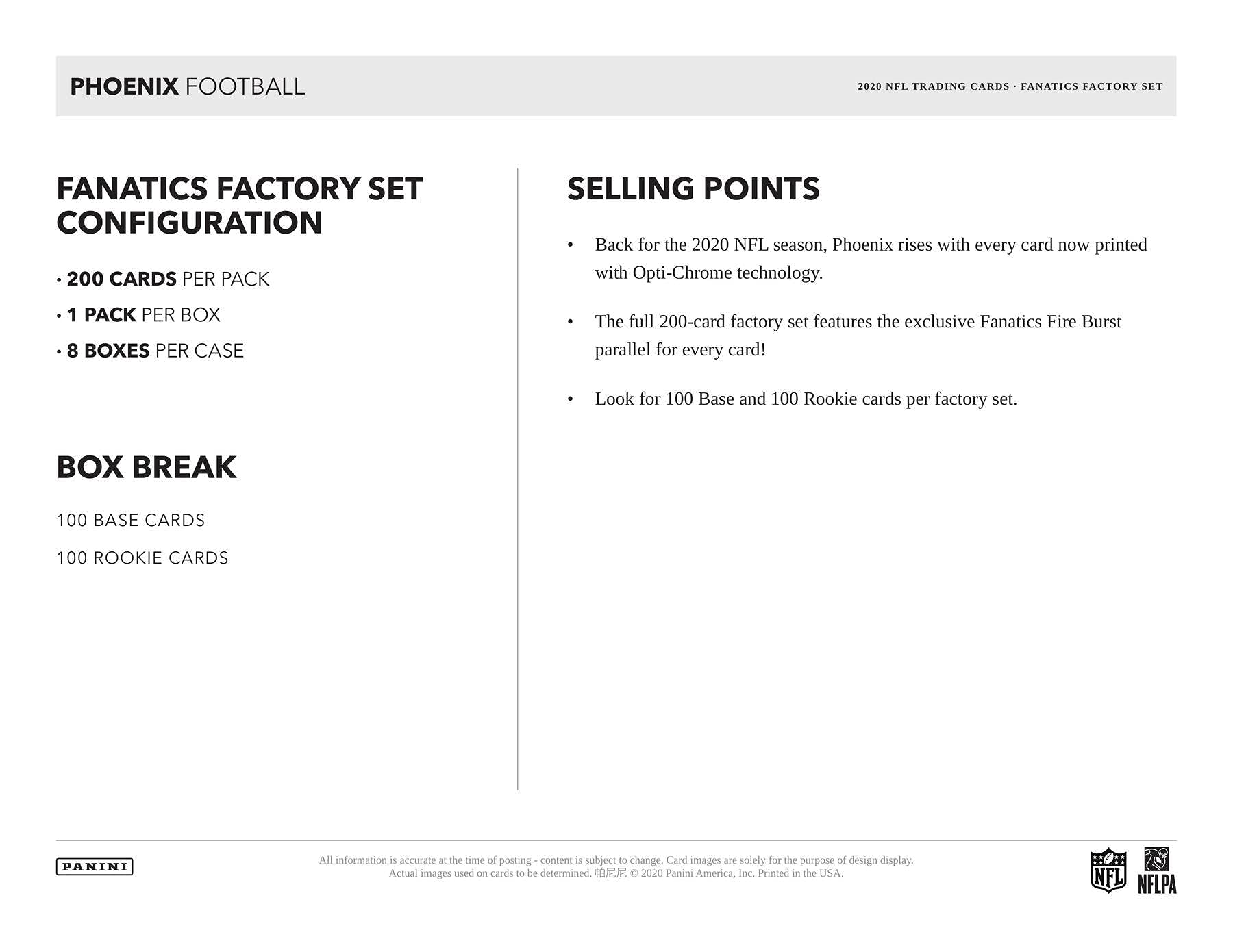 2020 Panini PHOENIX Exclusive 200-Card FACTORY Sealed NFL Football Trading Card Set - Fanatics Fire Burst Parallel in Every Card - Includes 100 Rookie Cards Featuring Justin Herbert & Joe Burrow - Perfect for Collectors, Fantasy Sports Fans, and Investment Enthusiasts