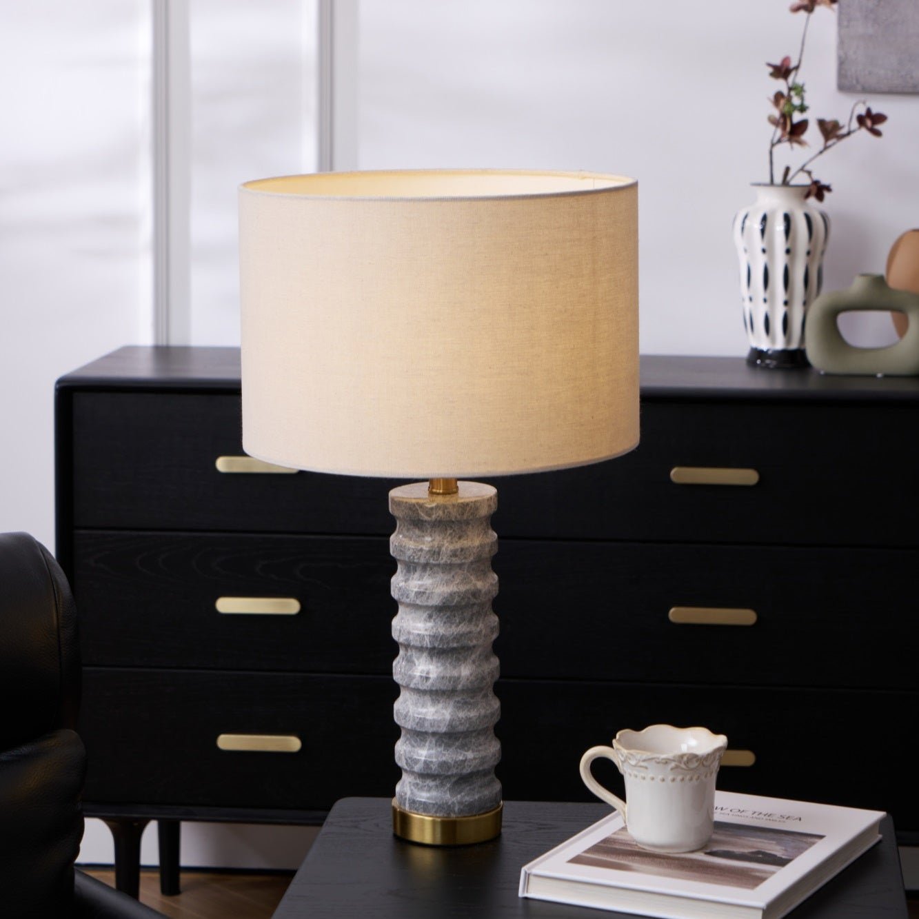 Rivara Modern Stone Table Lamp - Natural Stone Base with Fabric Shade for Bedroom, Living Room, and Office Decor