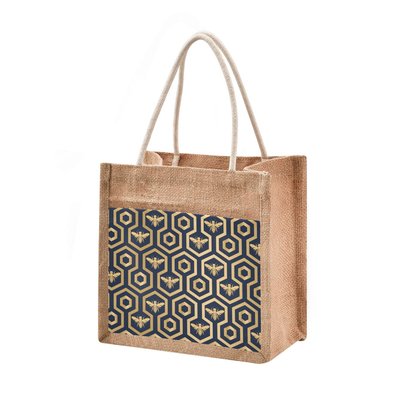 Linqin Hexagon Pattern Jute Tote Bag - Waterproof Burlap Straw Grocery Shopping Bag for Women, Eco-Friendly Beach Tote & Travel Bag - Perfect for Farmers Market, Picnic, and Summer Outings