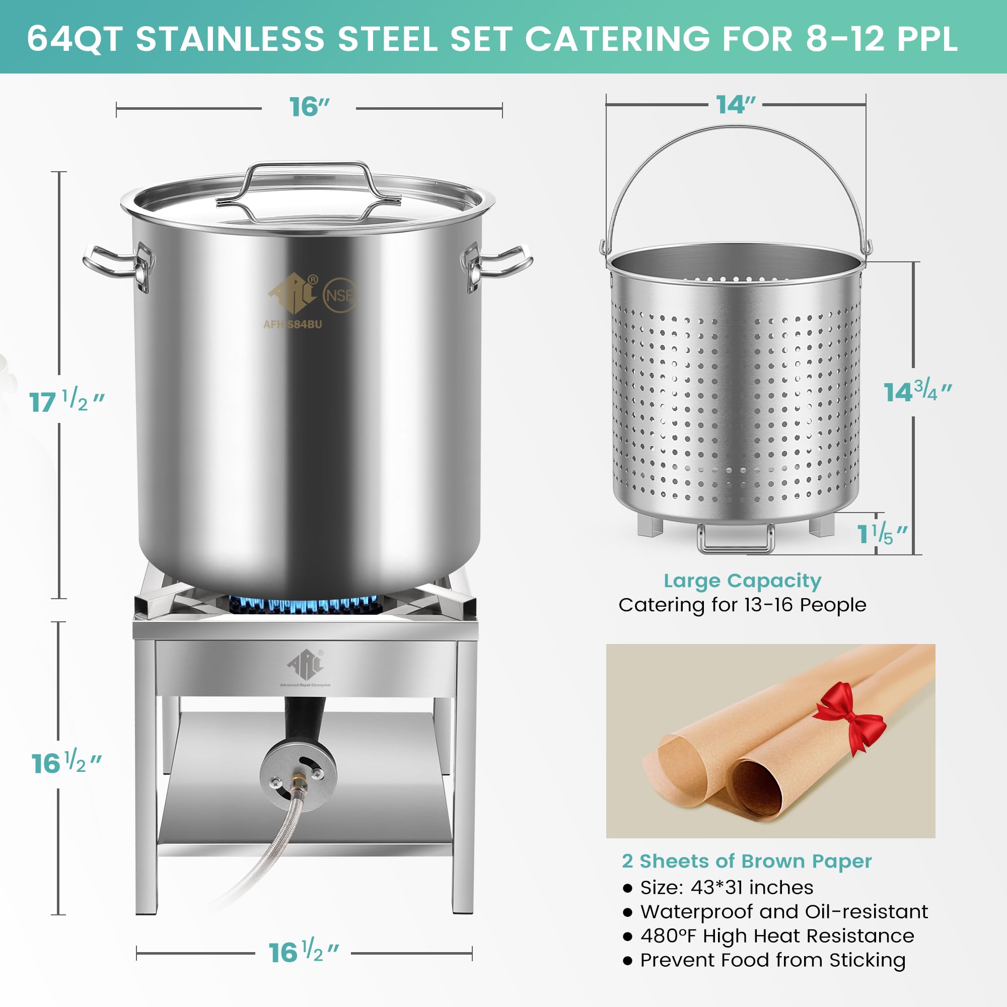 64QT Stainless Steel Seafood Boil Pot with 200,000 BTU Propane Burner & Basket - Outdoor Cooking Pot for Deep Frying, Turkey Fryer, Crab, Crawfish, Shrimp & Lobster Boiling - Perfect for Backyard Parties, Camping & Large Gatherings